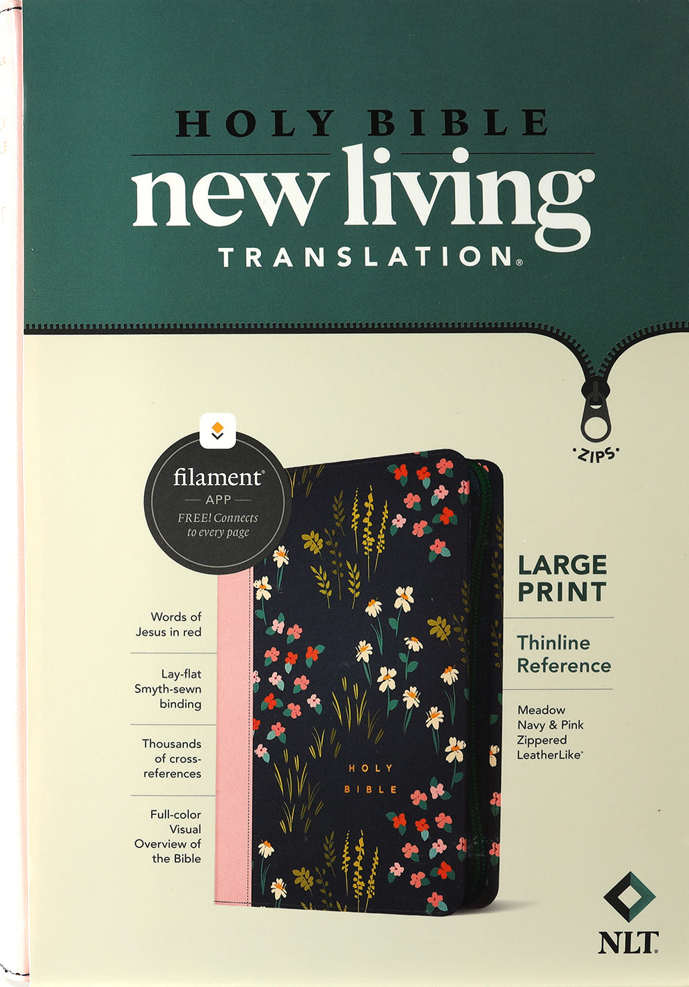 NLT Large Print Thinline Reference Zipper Bible Filament Enabled Edition Meadow Navy/Pink (Red Letter Edition)
