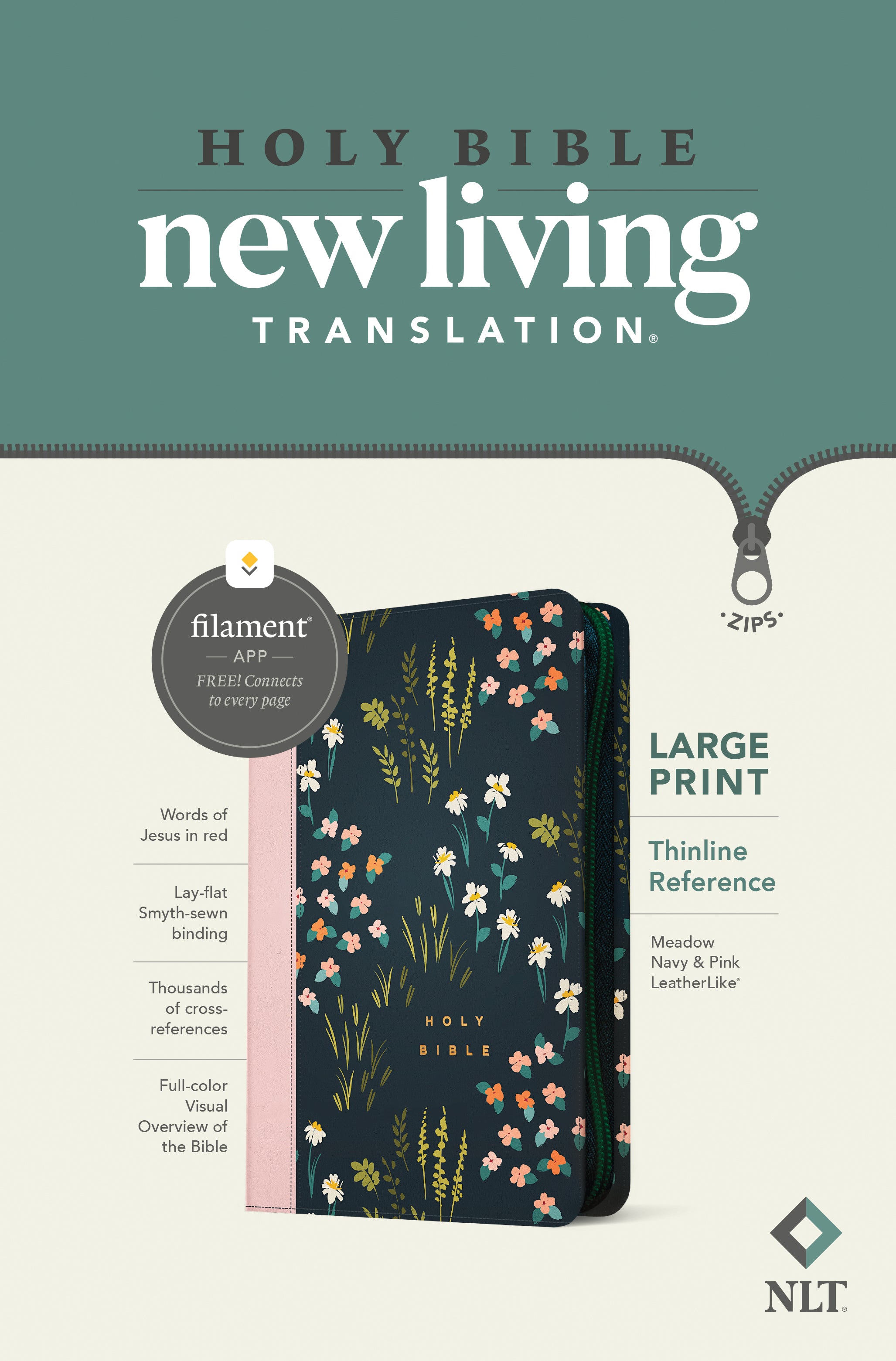 NLT Large Print Thinline Reference Zipper Bible Filament Enabled Edition Meadow Navy/Pink (Red Letter Edition)