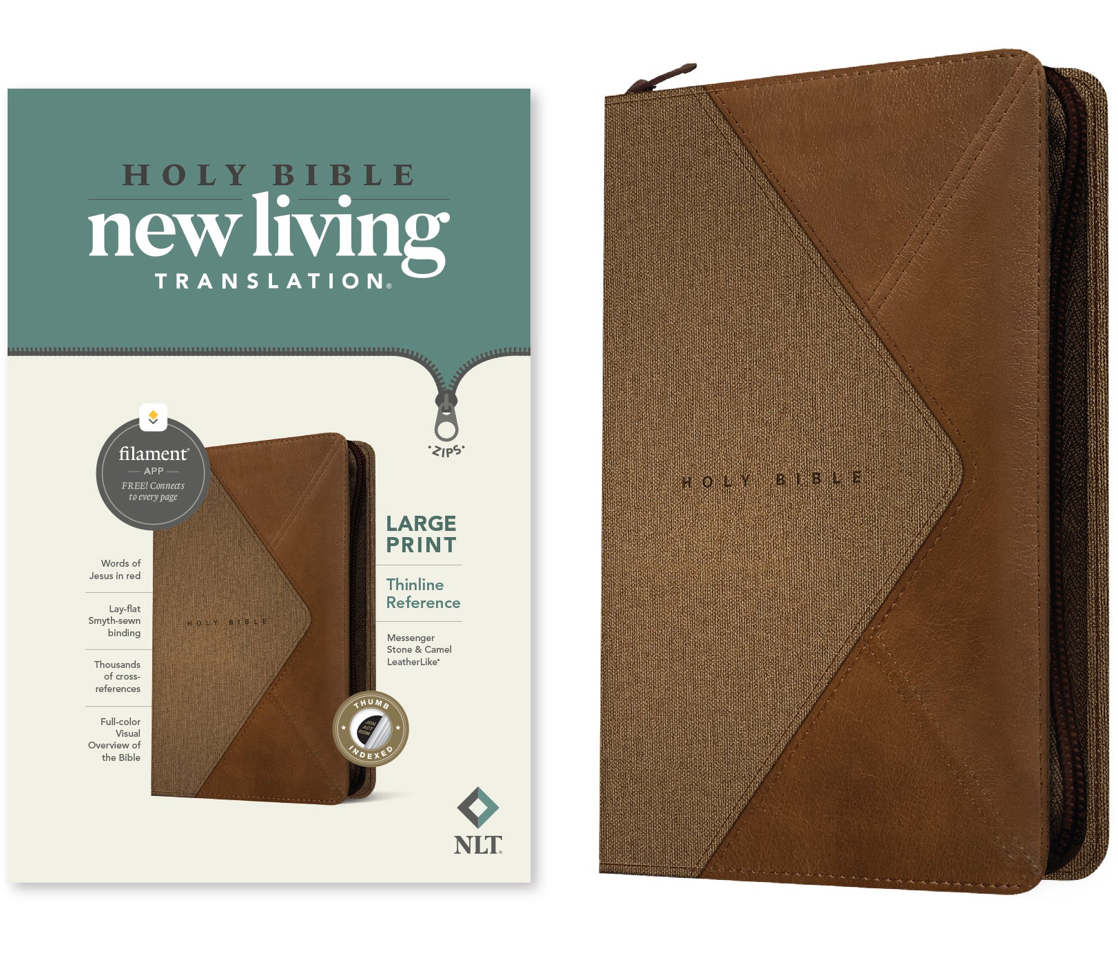 NLT Large Print Thinline Reference Zipper Bible Filament Enabled Edition Messenger Stone/Camel Indexed (Red Letter Edition)