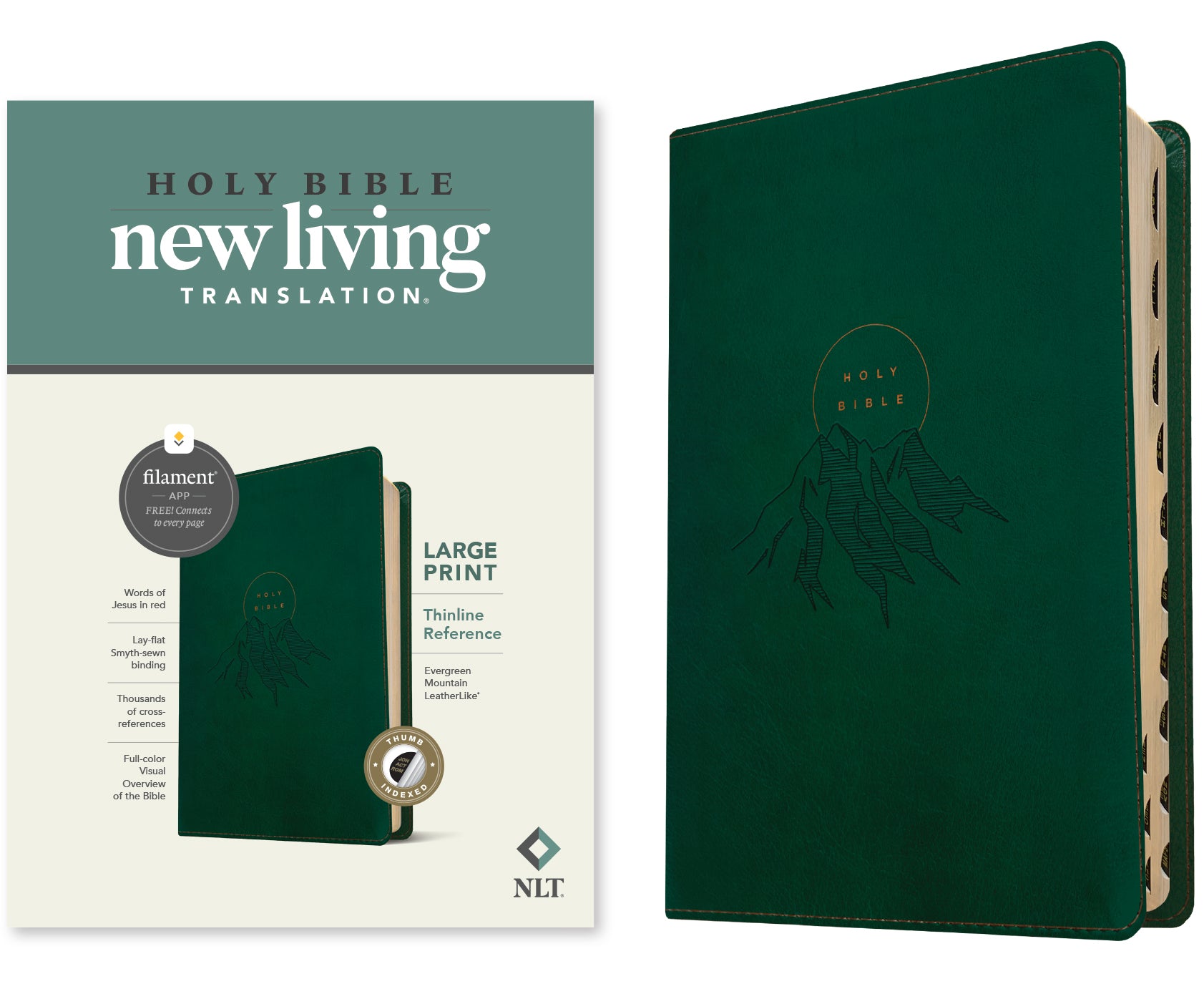 NLT Large Print Thinline Reference Bible Filament Enabled Edition Evergreen Mountain Indexed (Red Letter Edition)