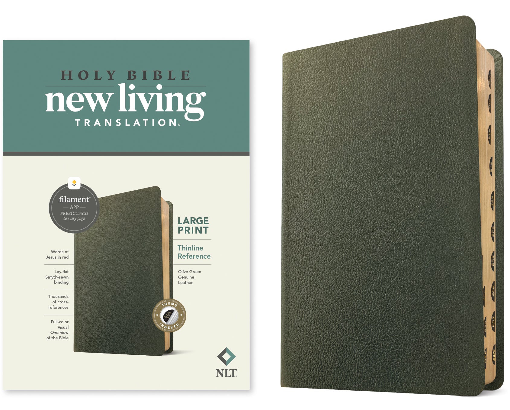 NLT Large Print Thinline Reference Bible Filament Enabled Edition Olive Green Indexed (Red Letter Edition)