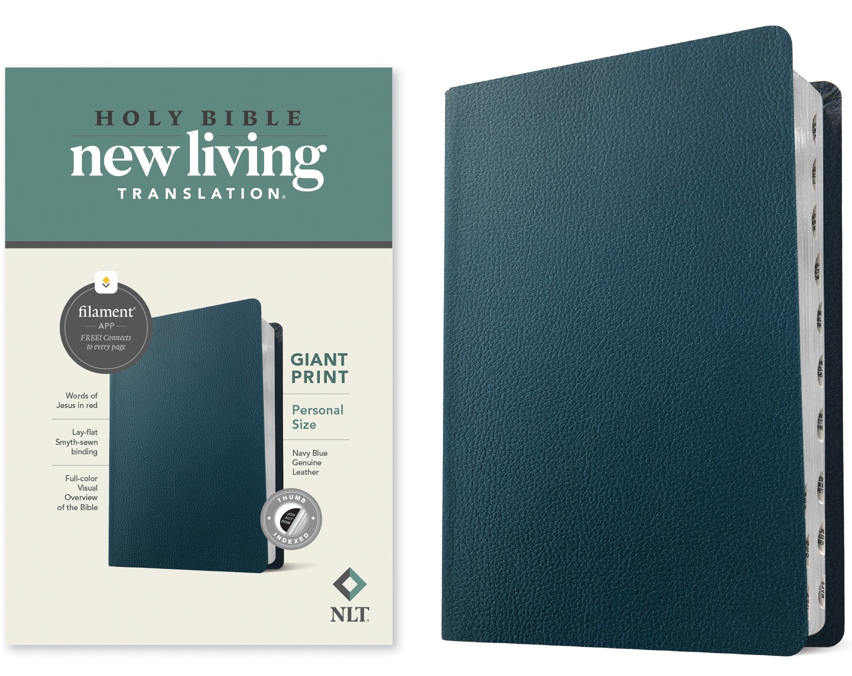 NLT Personal Size Giant Print Bible Filament Enabled Edition Navy Blue Indexed (Red Letter Edition)