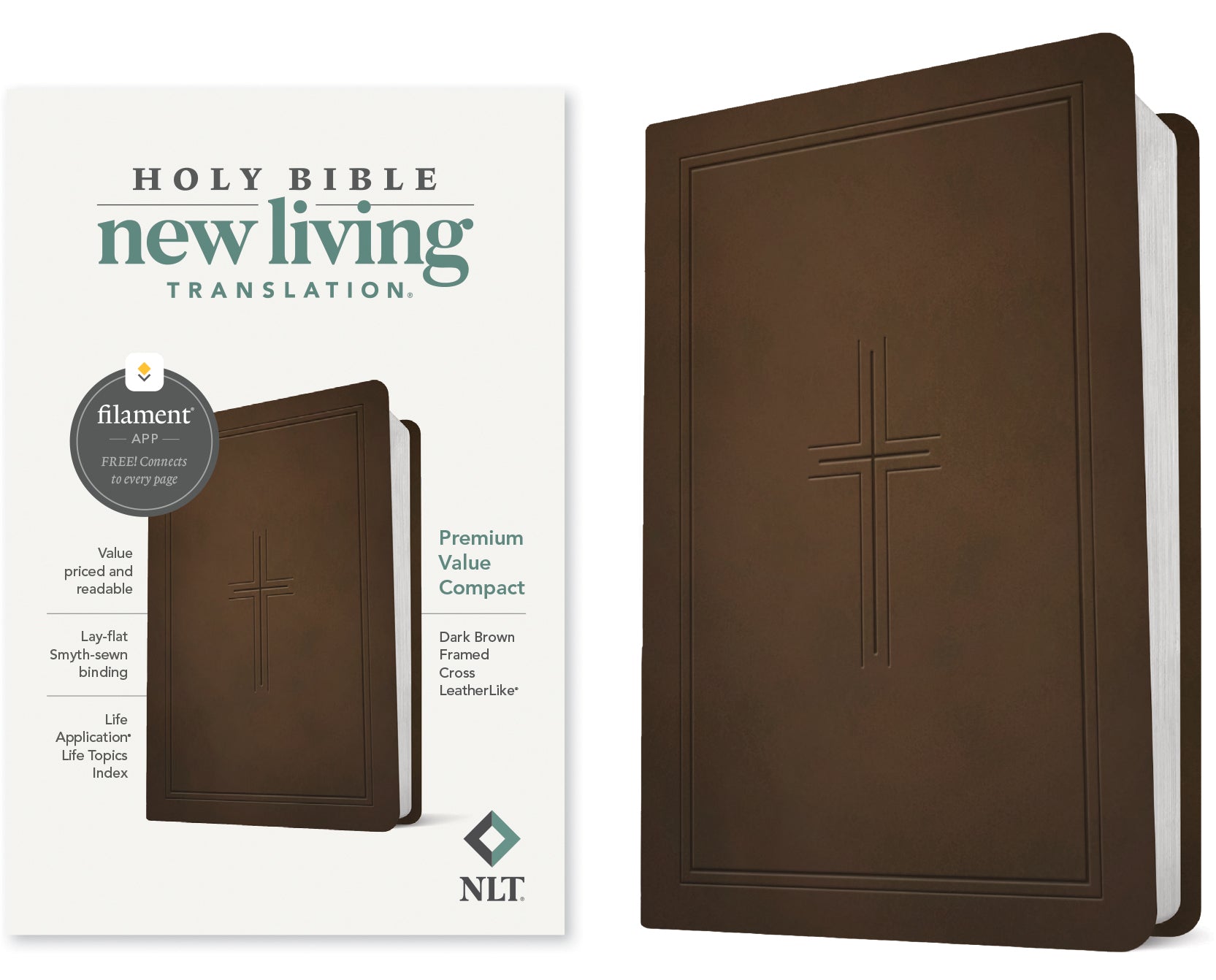 NLT Premium Value Compact Bible Filament Enabled Edition Dark Brown Framed Cross