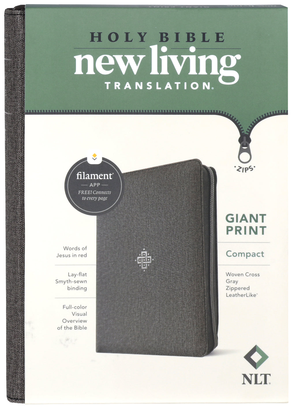 NLT Compact Giant Print Zipper Bible Filament-Enabled Edition Woven Cross Gray (Red Letter Edition)
