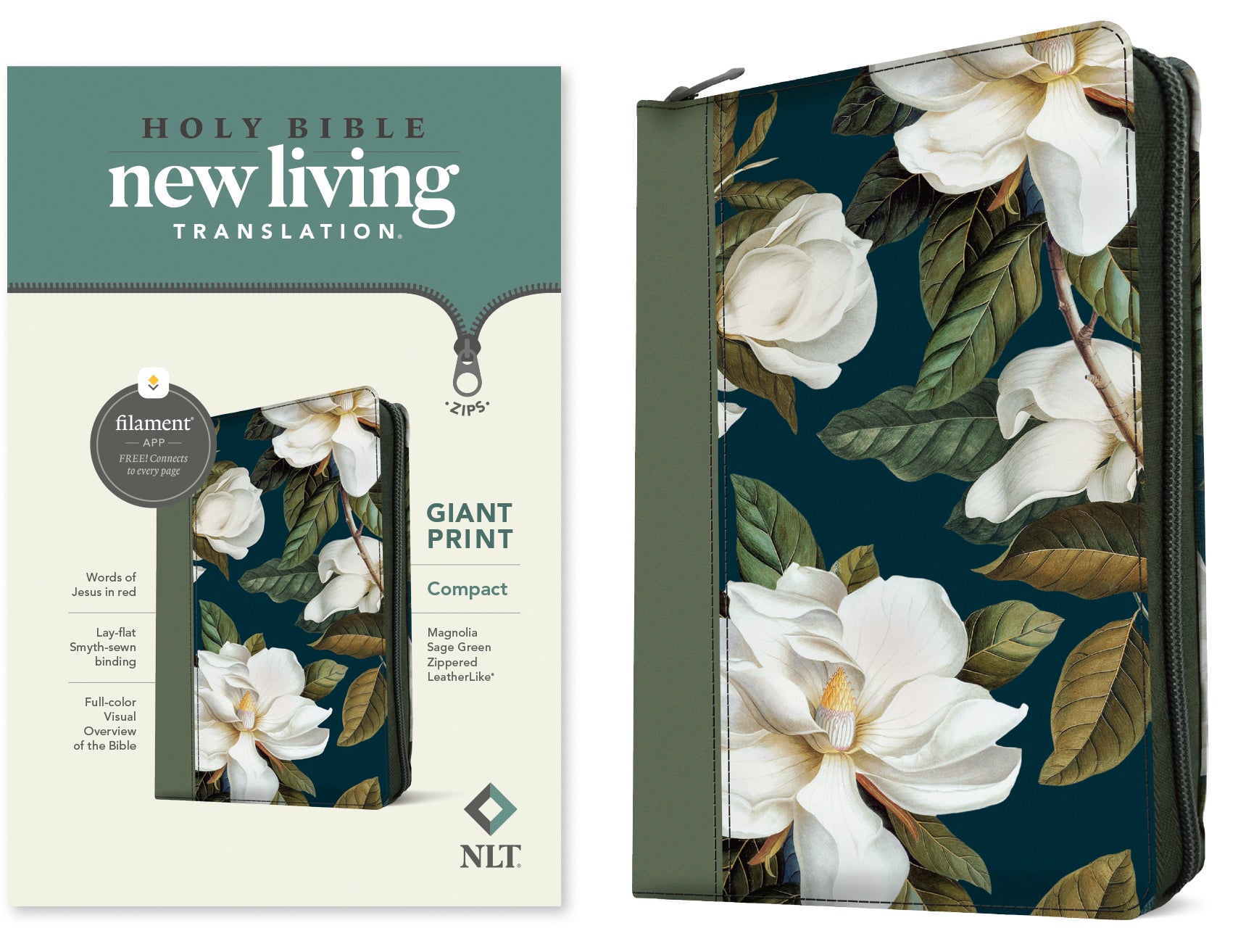 NLT Compact Giant Print Zipper Bible Filament-Enabled Edition Magnolia Sage Green (Red Letter Edition)