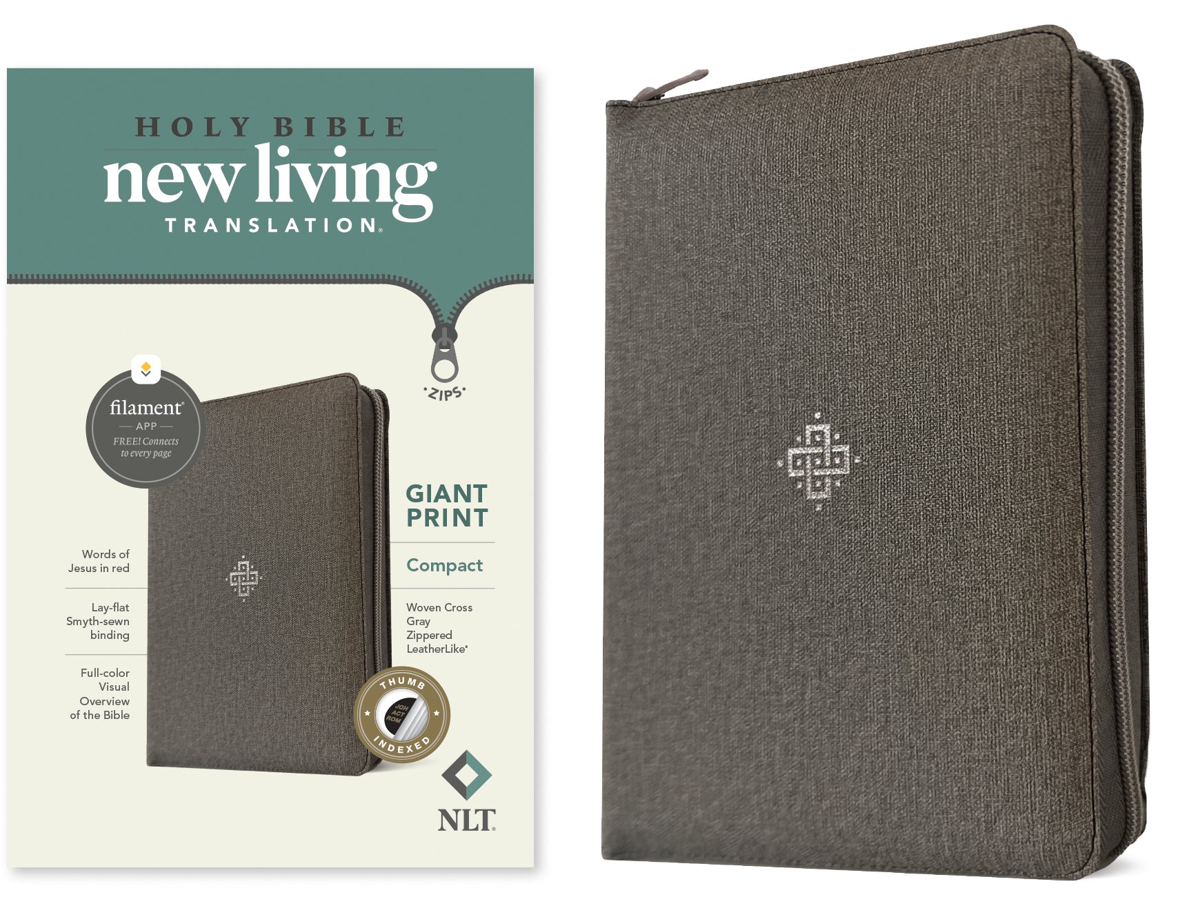 NLT Compact Giant Print Zipper Bible Filament-Enabled Edition Woven Cross Gray Indexed (Red Letter Edition)