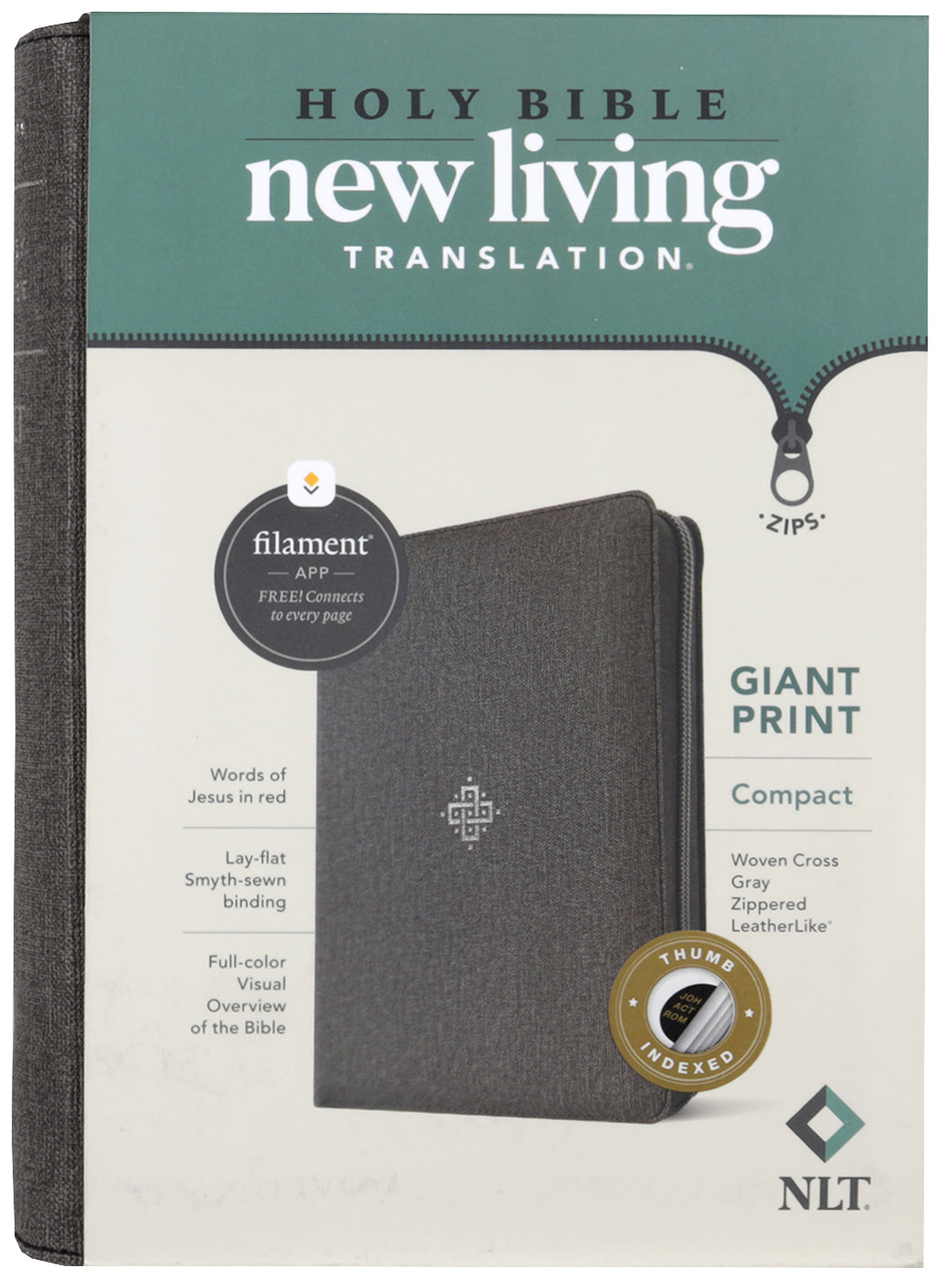 NLT Compact Giant Print Zipper Bible Filament-Enabled Edition Woven Cross Gray Indexed (Red Letter Edition)