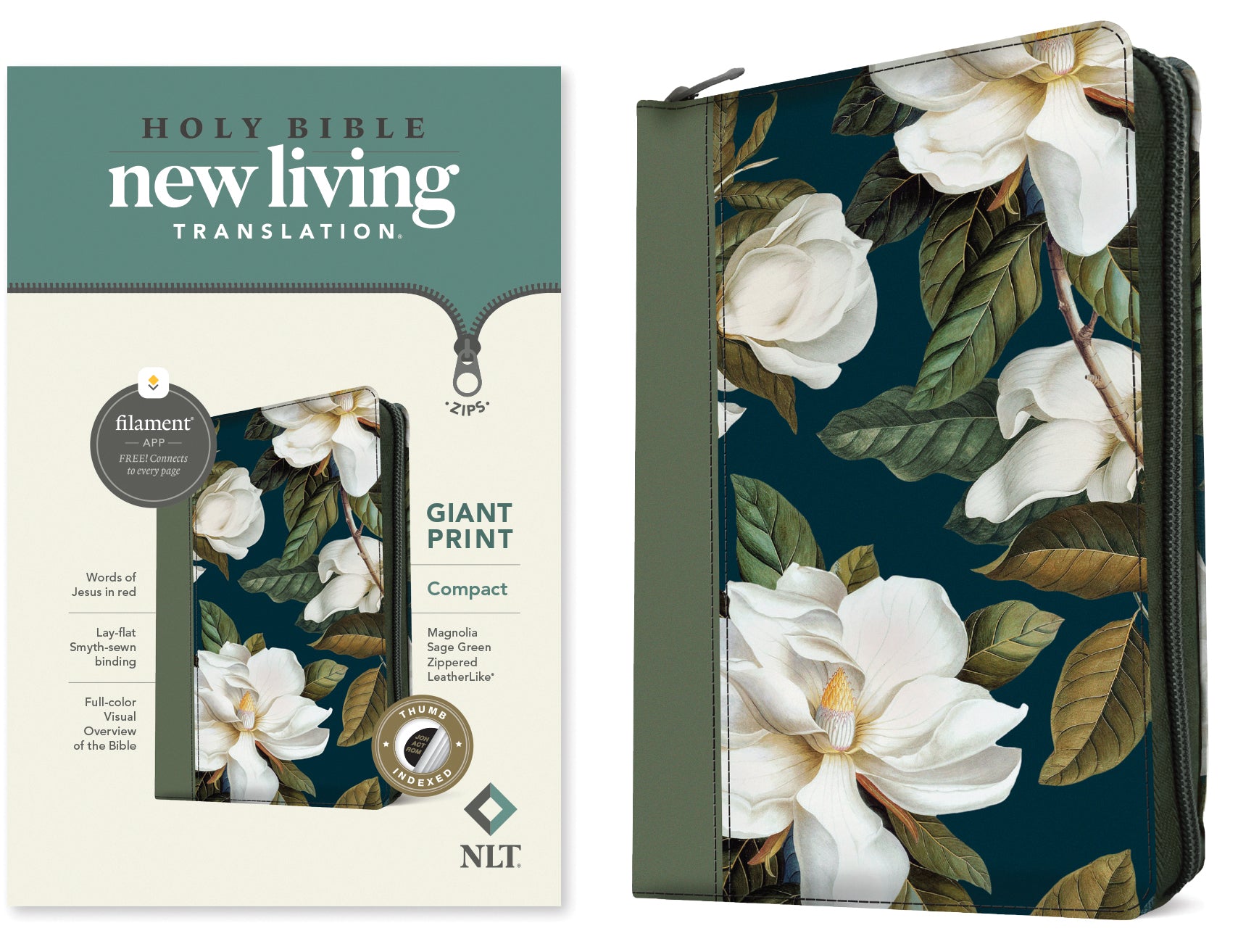 NLT Compact Giant Print Zipper Bible Filament-Enabled Edition Magnolia Sage Green Indexed (Red Letter Edition)