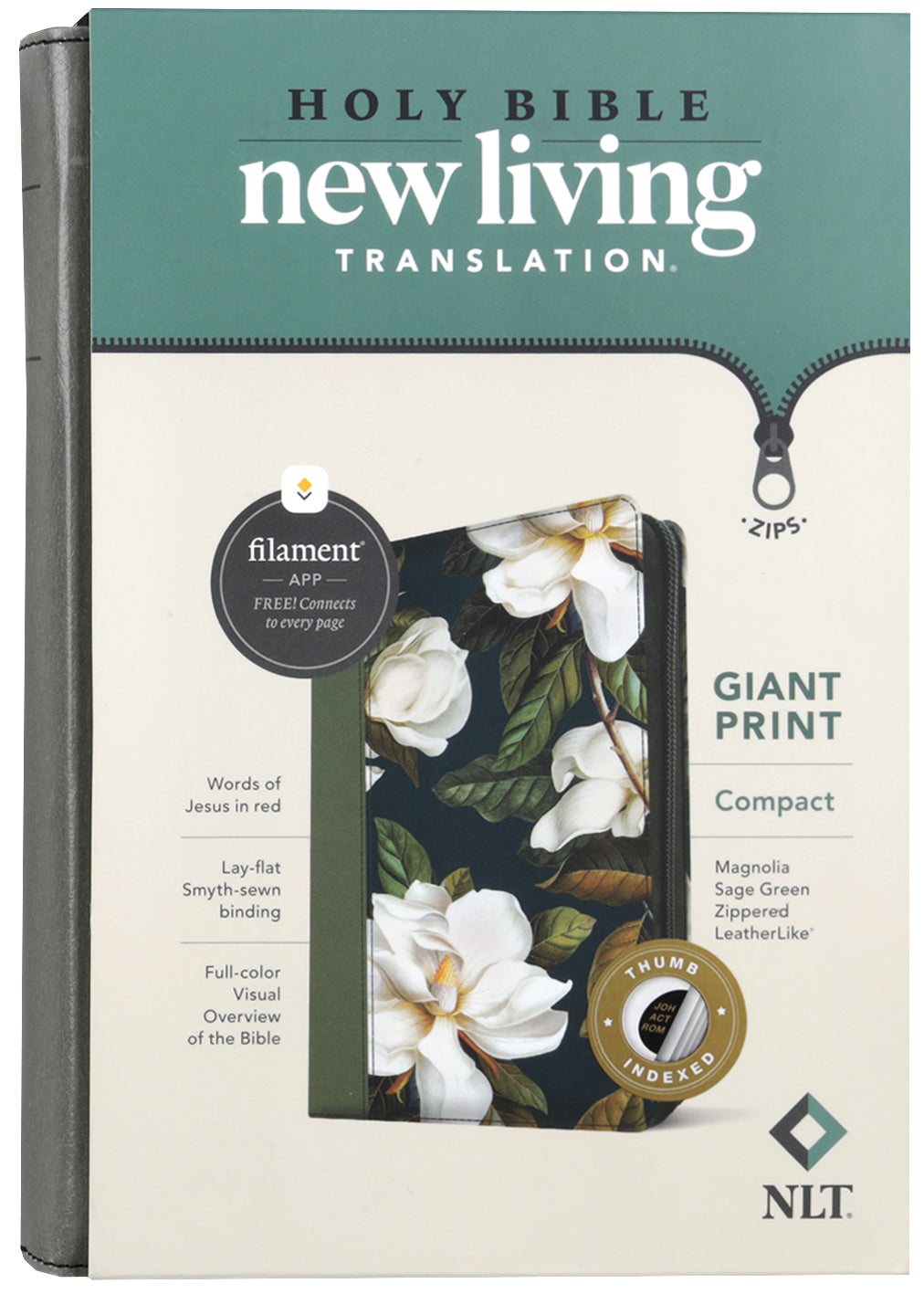 NLT Compact Giant Print Zipper Bible Filament-Enabled Edition Magnolia Sage Green Indexed (Red Letter Edition)