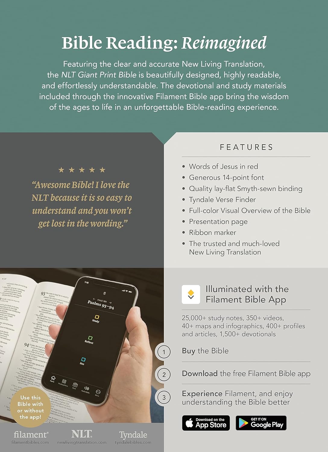 NLT Giant Print Bible, Filament-Enabled Edition (LeatherLike, Black, Red Letter)