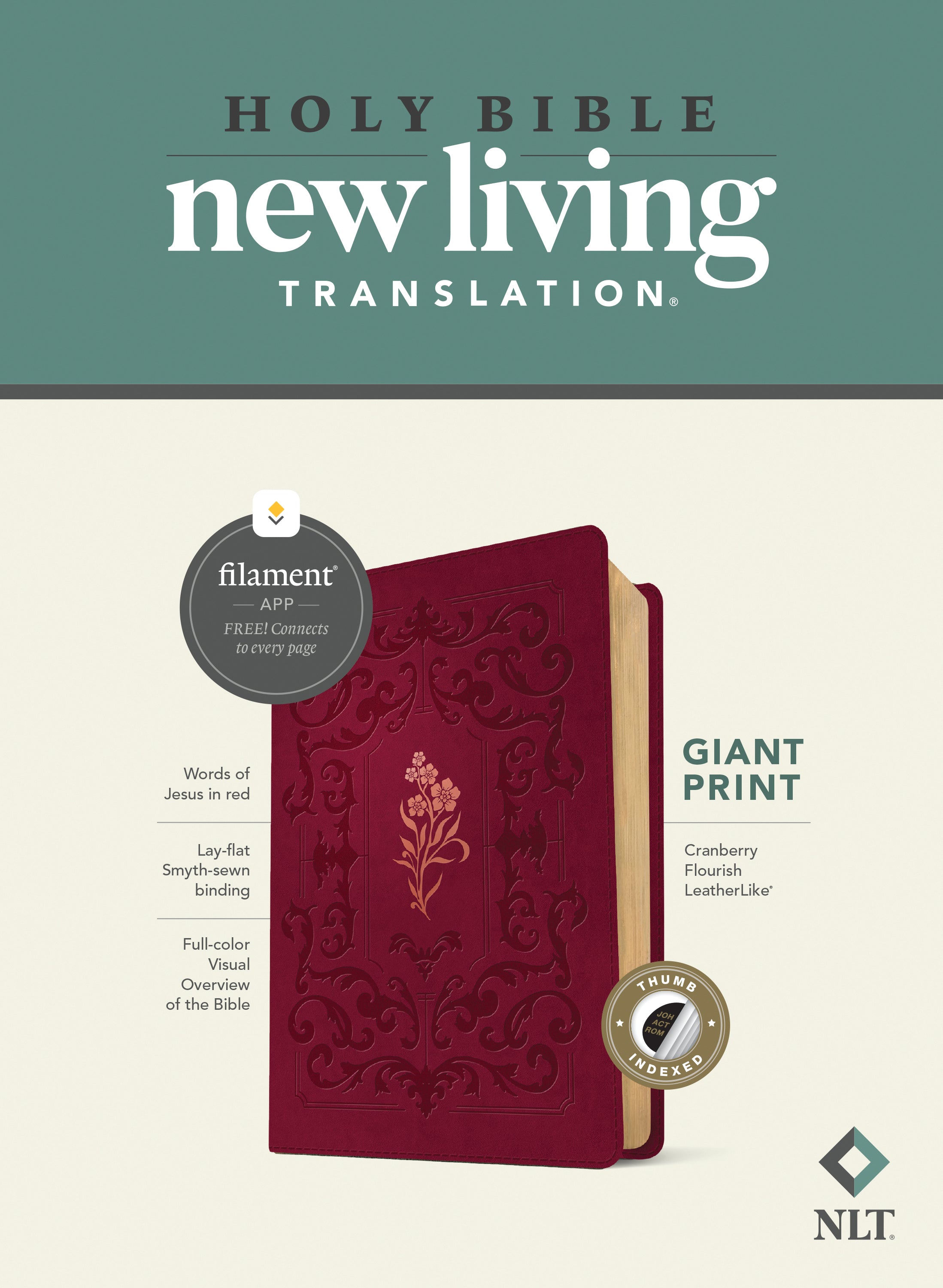 NLT Giant Print Bible, Filament-Enabled Edition (LeatherLike, Cranberry Flourish, Indexed, Red Letter)