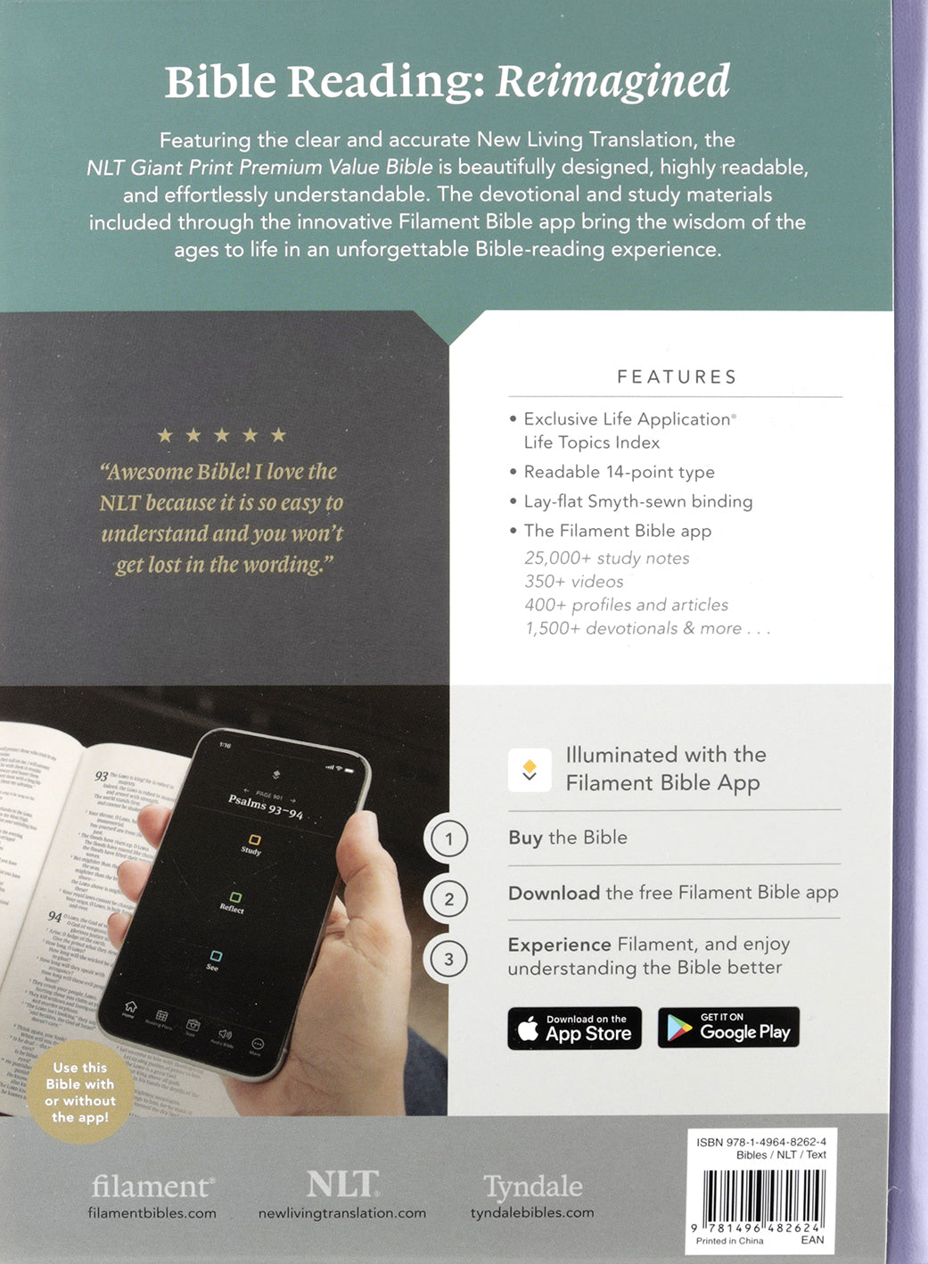 NLT Giant Print Premium Value Bible, Filament-Enabled Edition, Lavender Vine
