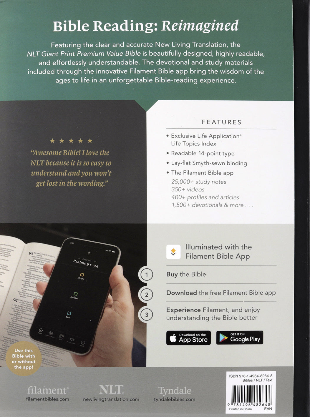 NLT Giant Print Premium Value Bible, Filament-Enabled, Black (Black Letter Edition)
