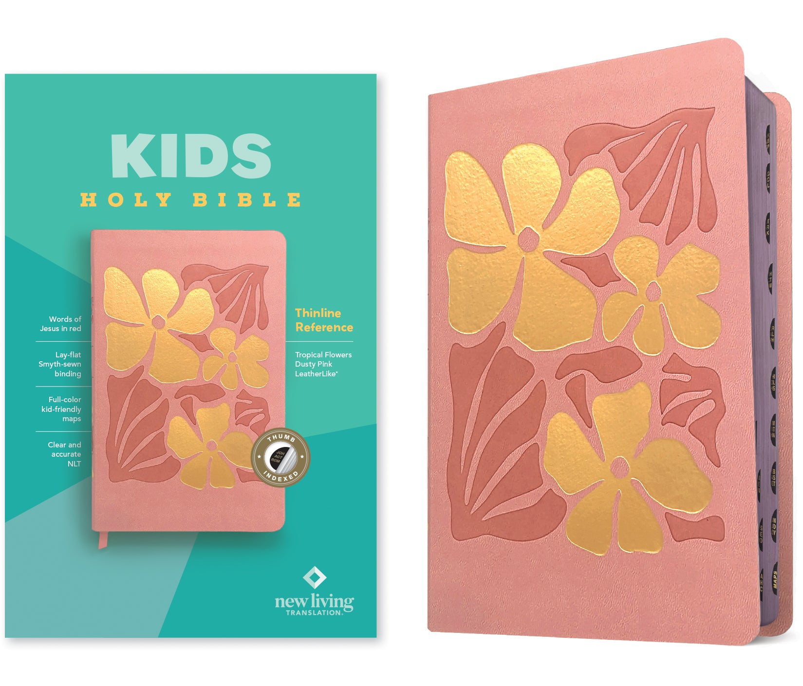 NLT Kids Bible, Thinline Reference Edition, Tropical Flowers Dusty Pink, Indexed (Red Letter Edition)