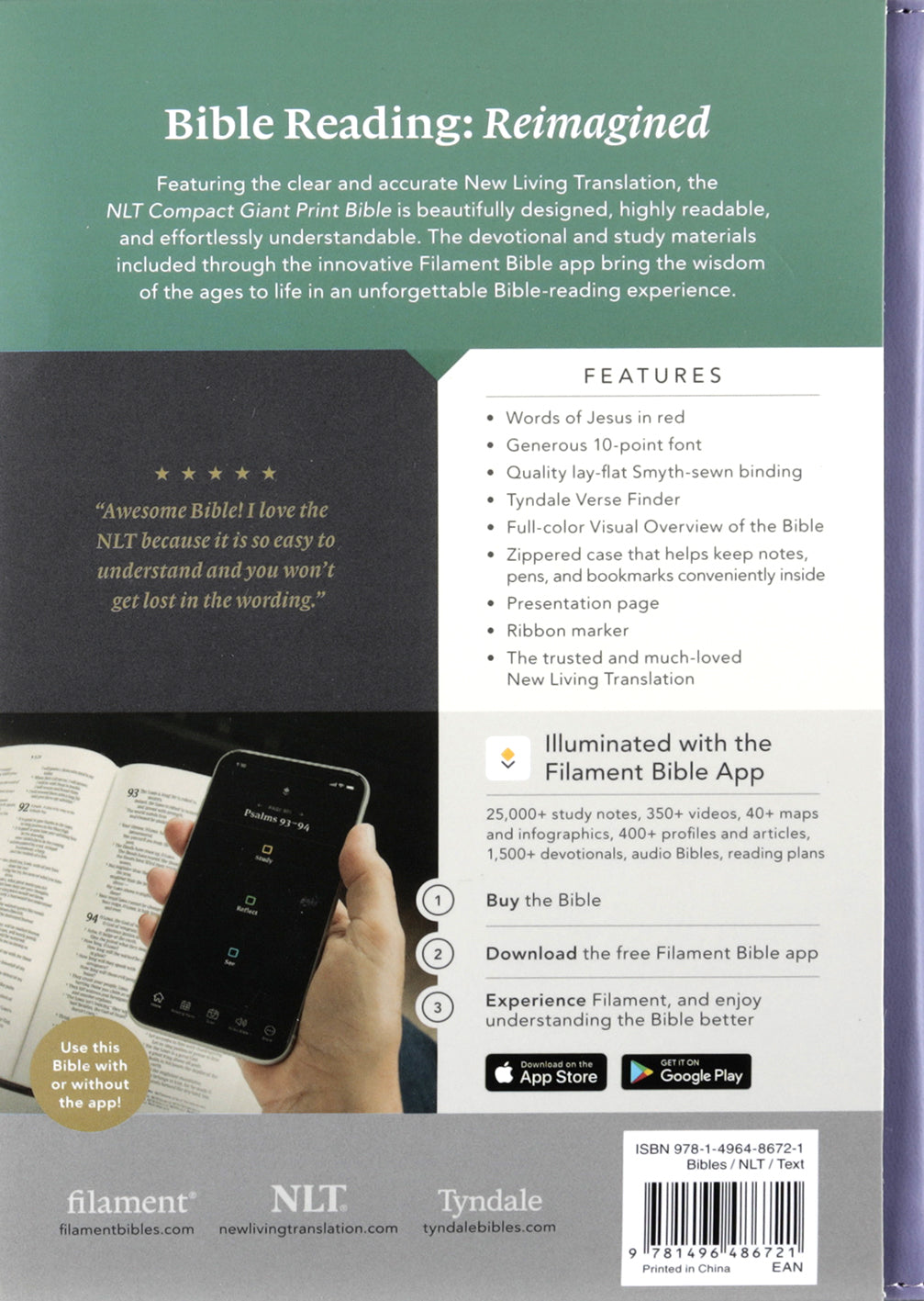 NLT Compact Giant Print Zipper Bible Filament Enabled Diamond Lavender (Red Letter Edition)