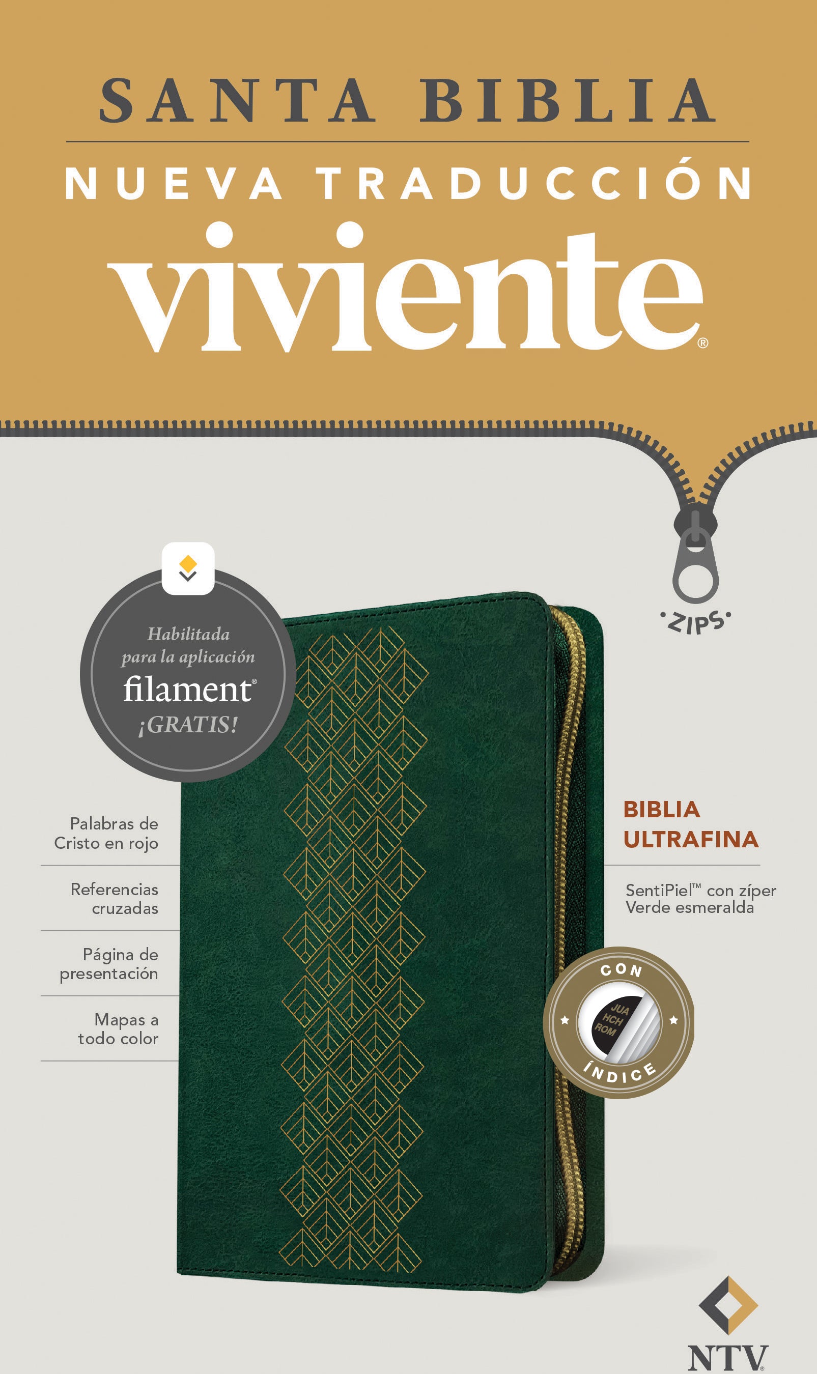 Biblia ultrafina NTV de zíper, con Filament (Verde esmeralda, Índice, Letra Roja)(Spanish Edition)