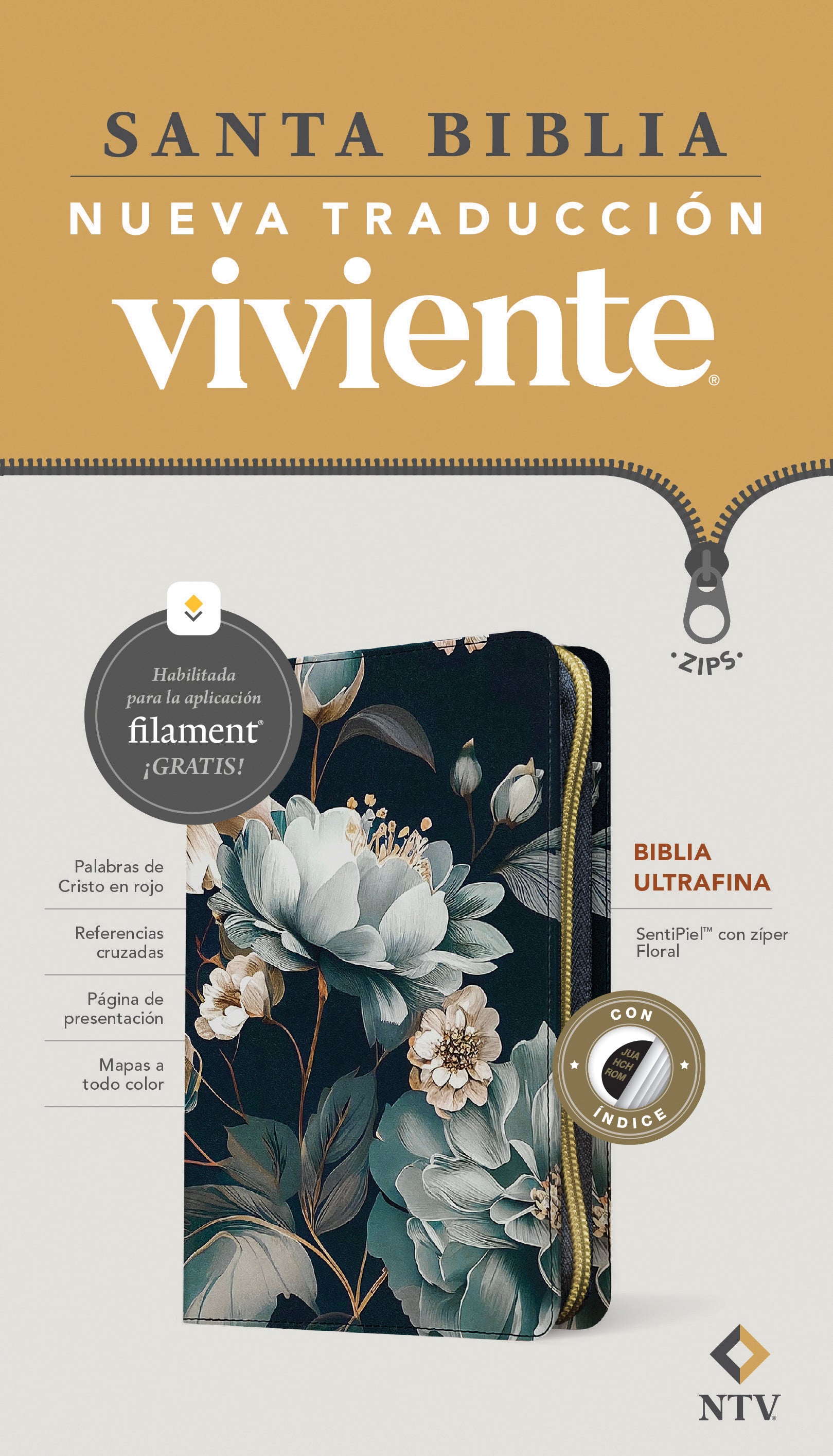 Biblia ultrafina NTV de zíper, con Filament (Floral, Índice, Letra Roja)(Spanish Edition)