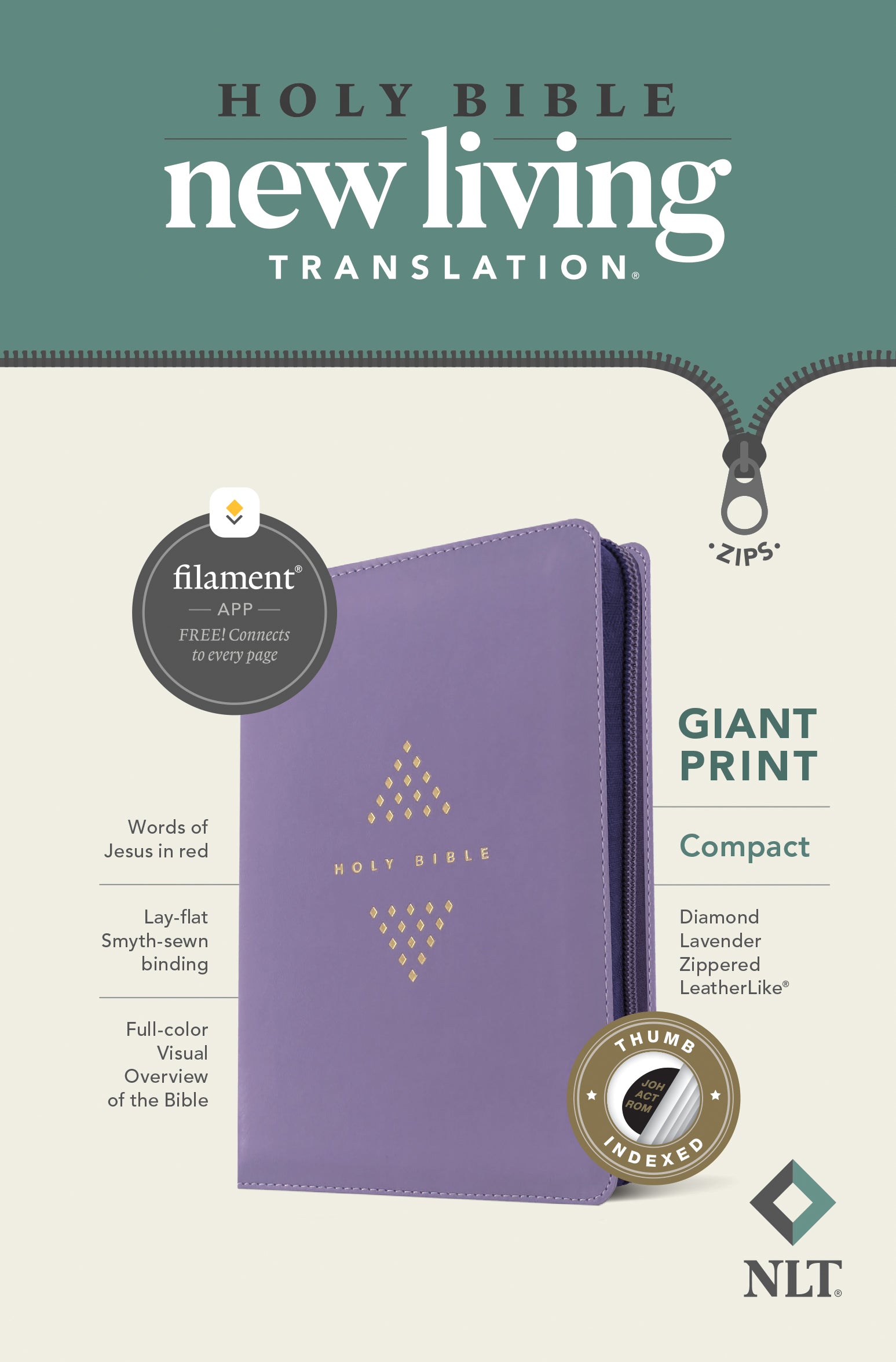 NLT Compact Giant Print Zipper Bible Filament Enabled Diamond Lavender Indexed (Red Letter Edition)