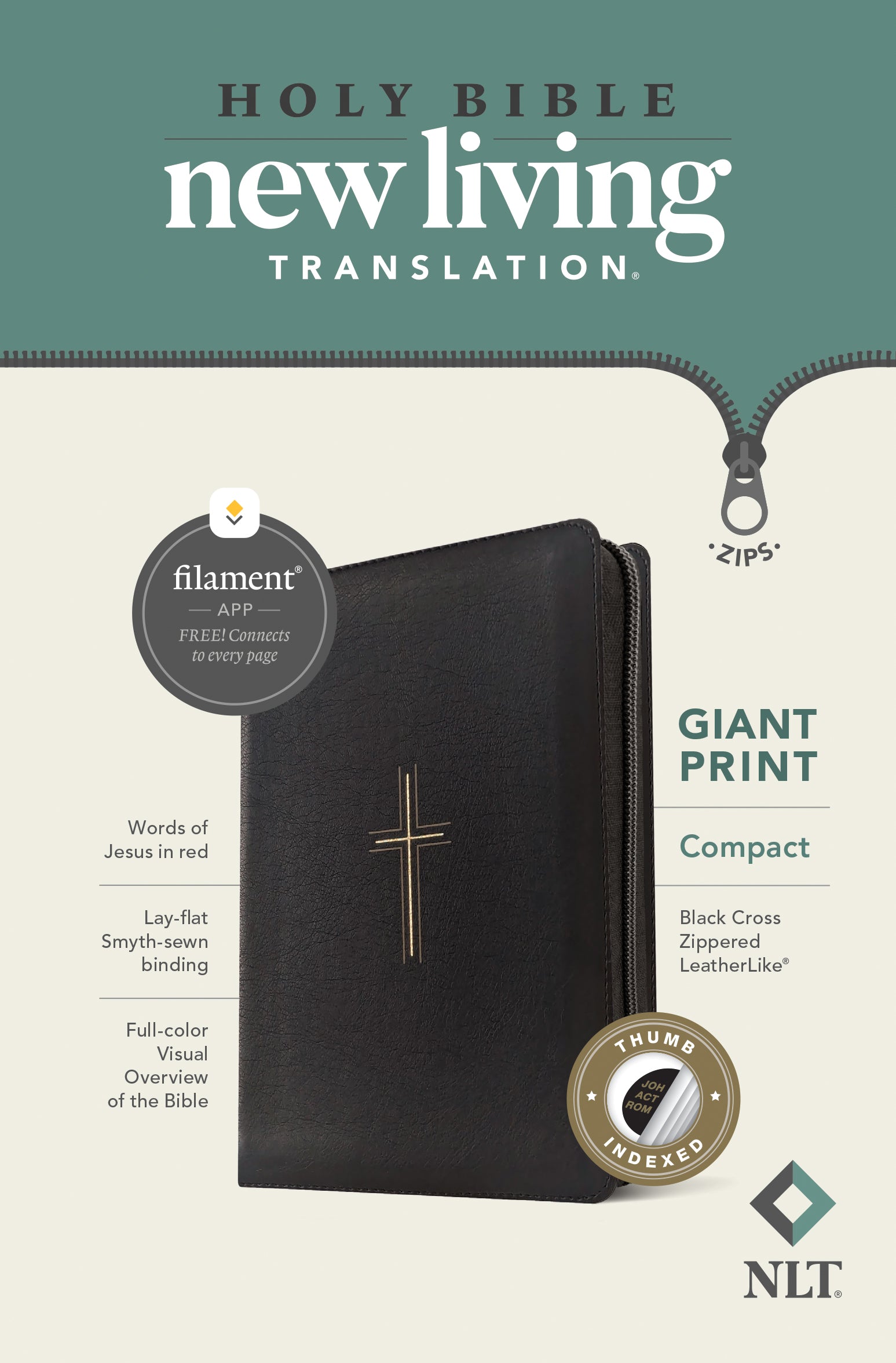 NLT Compact Giant Print Zipper Bible Filament Enabled Black Cross Indexed (Red Letter Edition)