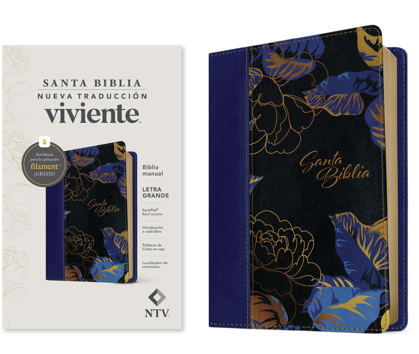 NTV Biblia manual letra grande con Filament Azul oscuro (Letra Roja) (NTV manual Bible, large print with Filament Dark Blue, Red Letter, Spanish Edition)