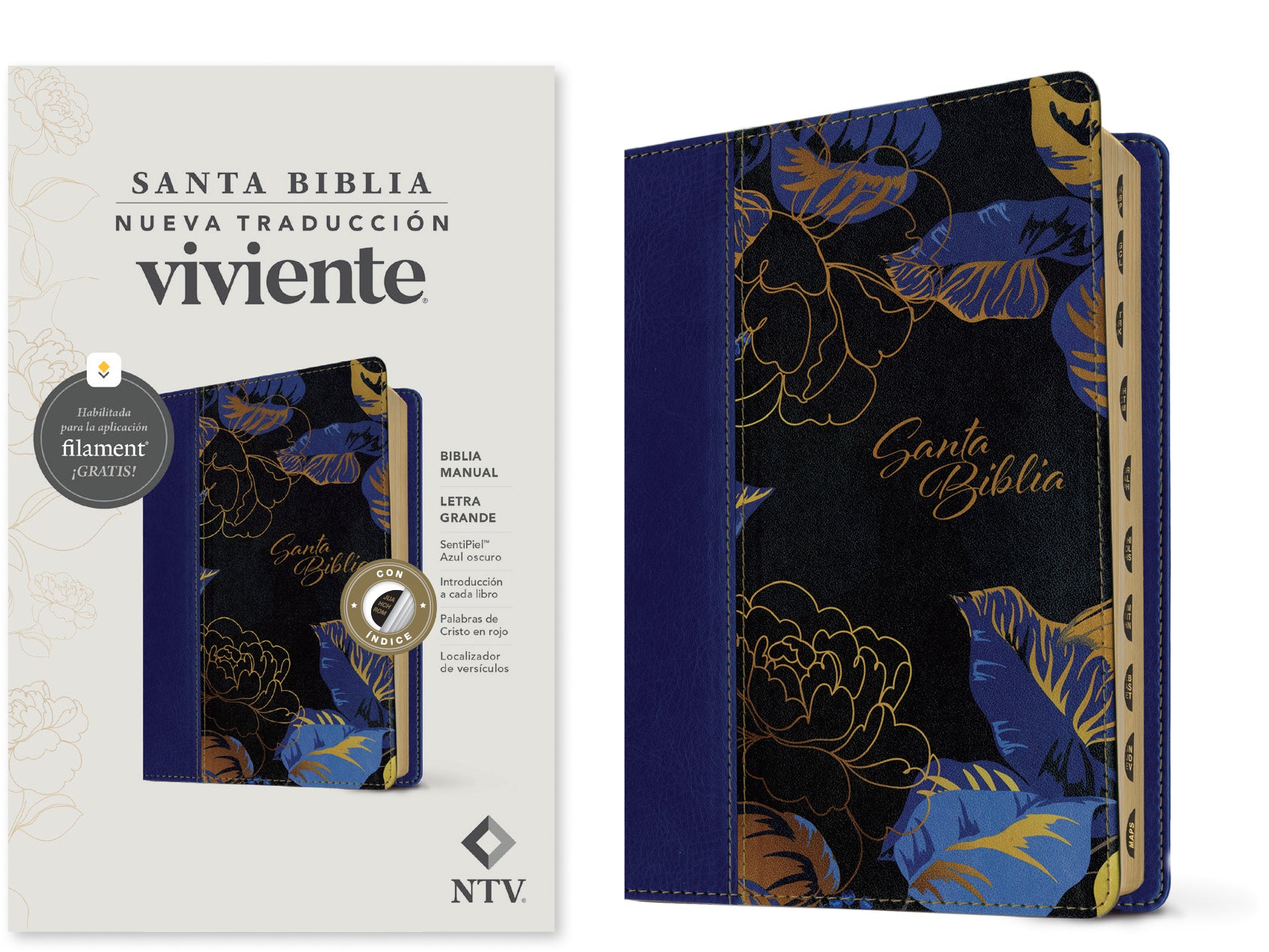 NTV Biblia manual letra grande con Filament Azul oscuro Índice (Letra Roja) (NTV manual Bible, large print with Filament Dark Blue Indexed Red Letter, Spanish Edition)
