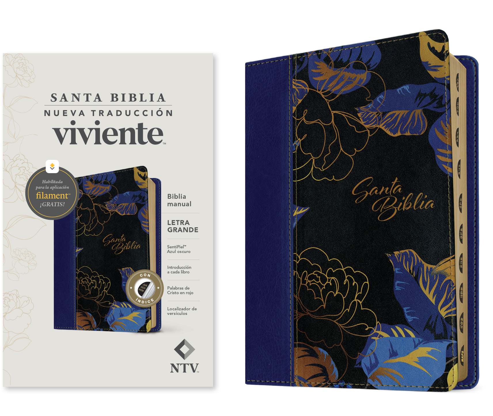 NTV Biblia manual letra grande con Filament Azul oscuro Índice (Letra Roja) (NTV manual Bible, large print with Filament Dark Blue Indexed Red Letter, Spanish Edition)