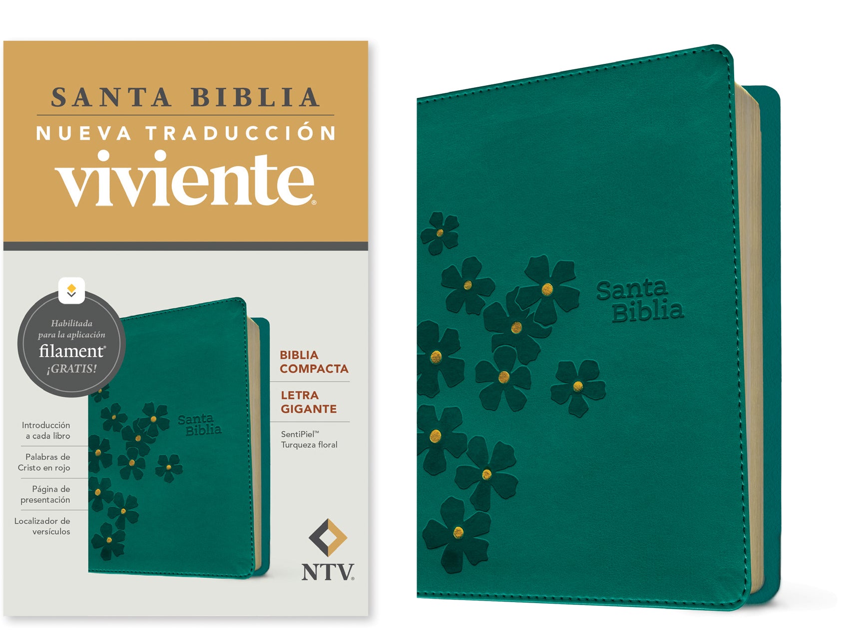 NTV Biblia compacta letra gigante con Filament Turquesa Floral (NTV Compact Bible Giant Print with Filament Floral Turquoise Red Letter, Spanish Edition)