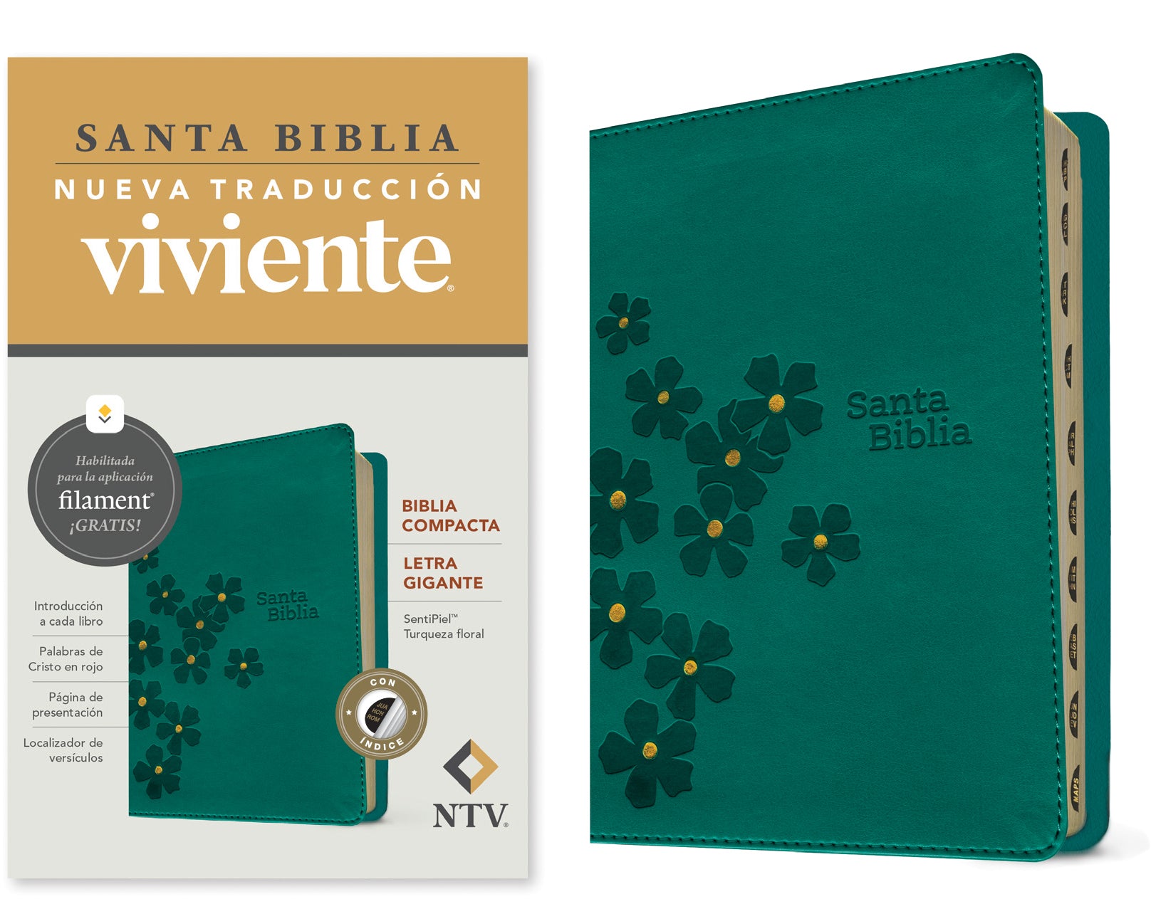NTV Biblia compacta letra gigante con Filament Turquesa floral Índice (NTV Compact Bible Giant Print with Filament Floral Turquoise Red Letter, Spanish Edition)
