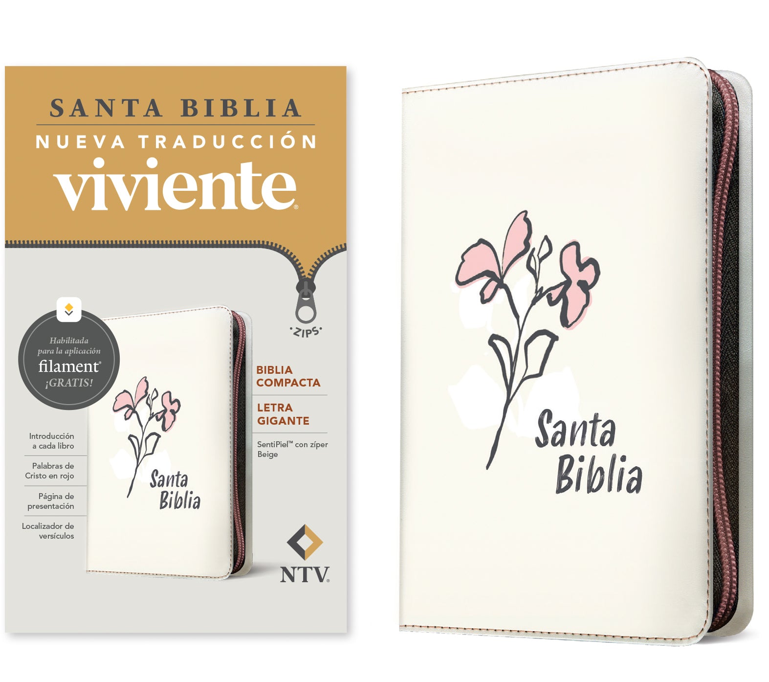NTV Biblia compacta letra gigante de zíper con Filament Beige (NTV Compact Bible Giant Zipper Print with Filament Beige (Red Letter, Spanish Edition)