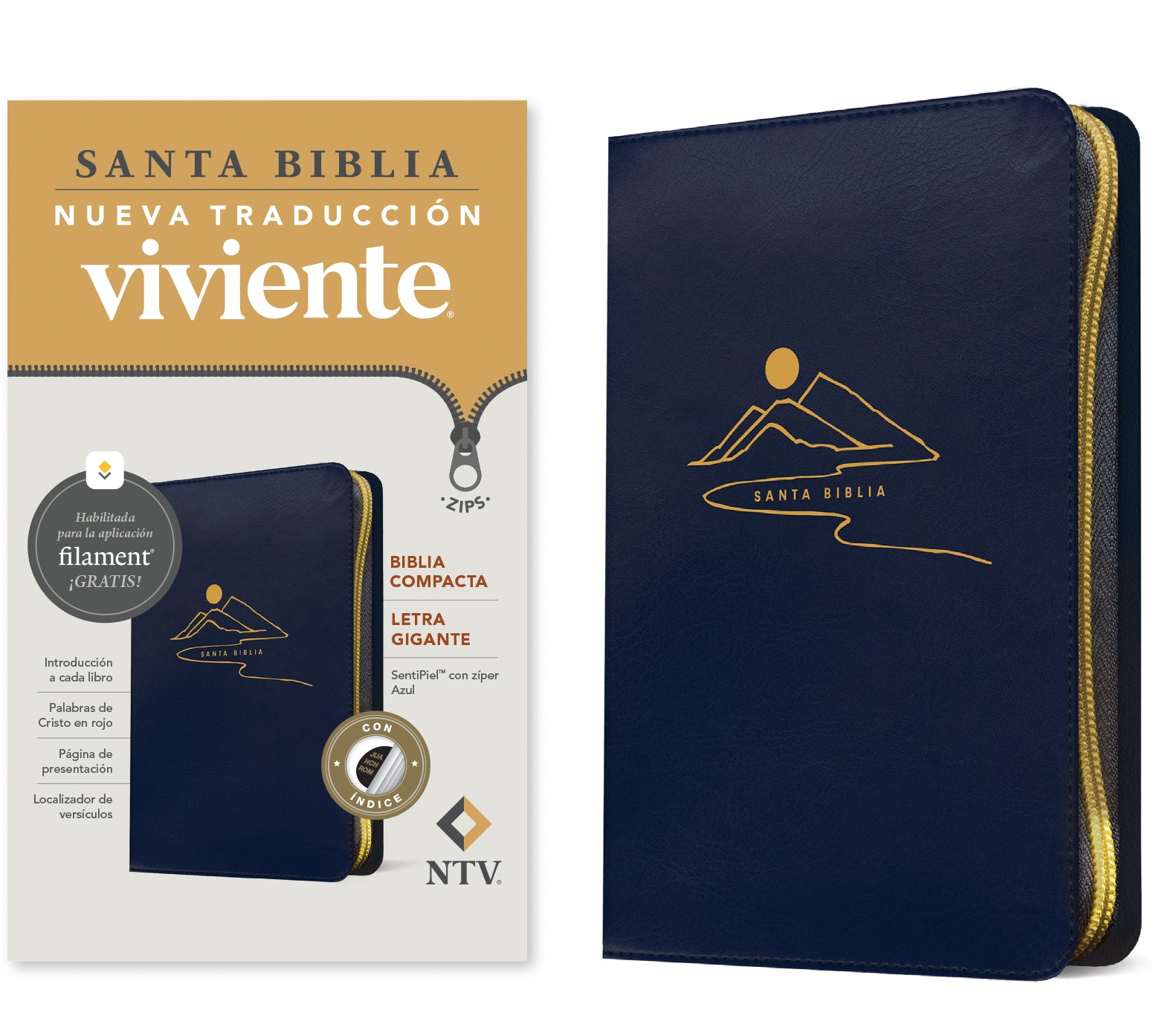 NTV Biblia compacta letra gigante de zíper con Filament Índice Azul (NTV Compact Bible, giant print zipper with Filament Blue Indexed, Red Letter, Spanish Edition)