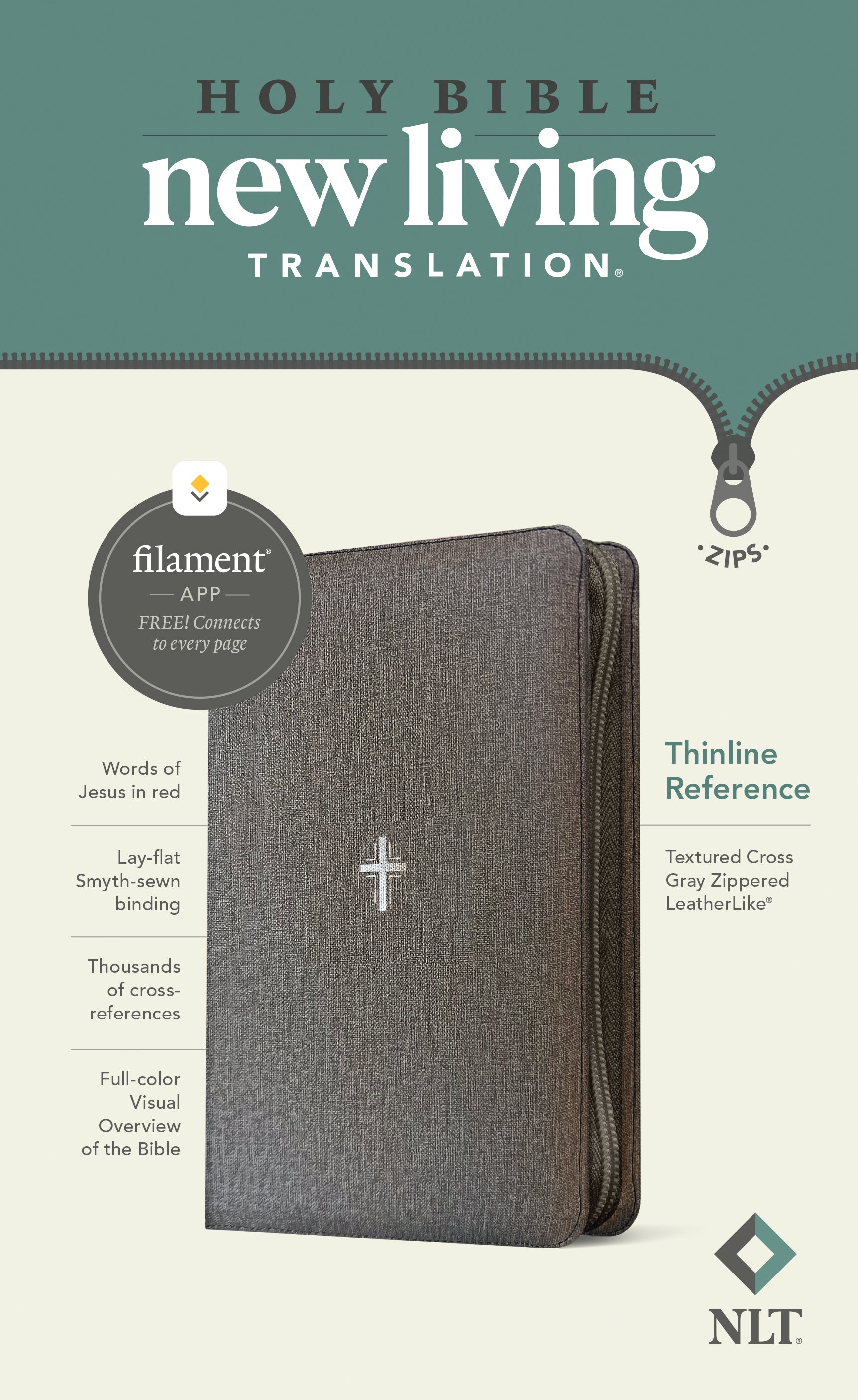 NLT Thinline Reference Zipper Bible Filament Enabled Textured Cross Gray (Red Letter Edition)