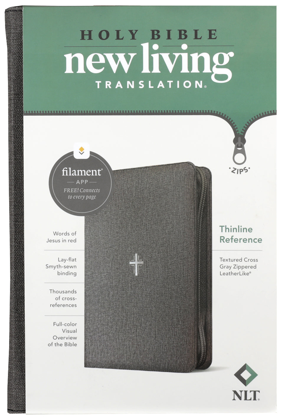 NLT Thinline Reference Zipper Bible Filament Enabled Textured Cross Gray (Red Letter Edition)