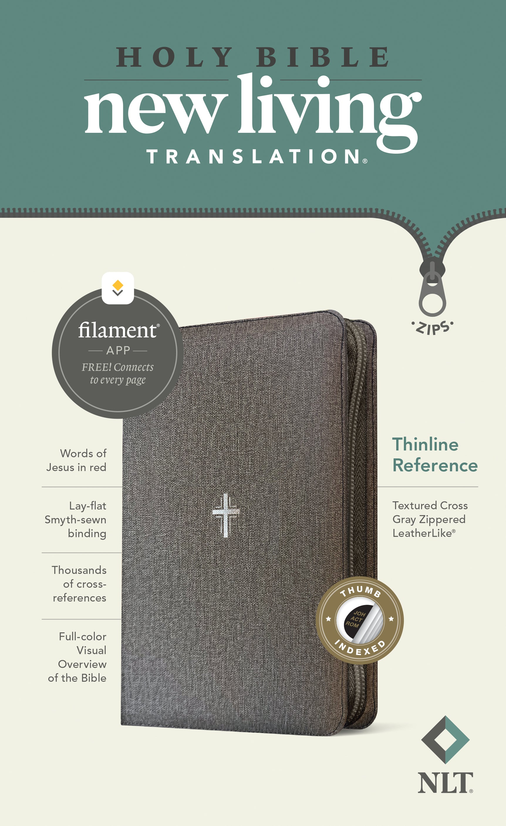 NLT Thinline Reference Zipper Bible Filament Enabled Textured Cross Gray Indexed (Red Letter Edition)