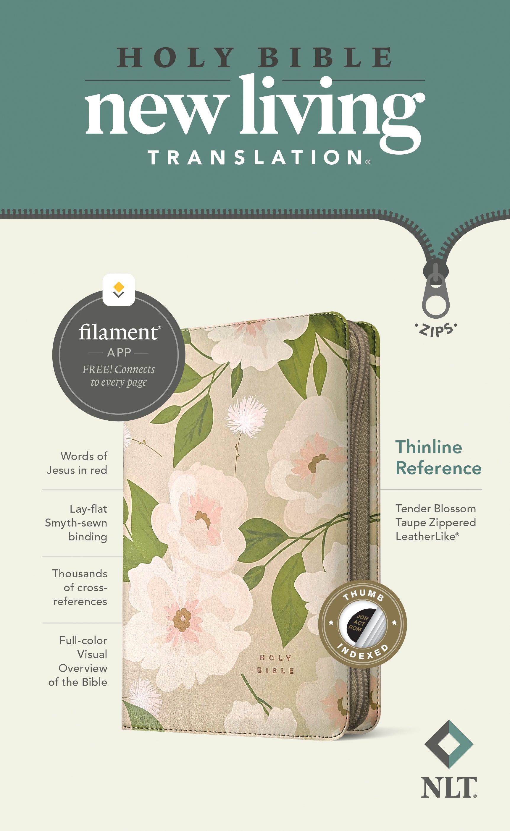 NLT Thinline Reference Zipper Bible Filament Enabled Tender Blossom Taupe Indexed (Red Letter Edition)