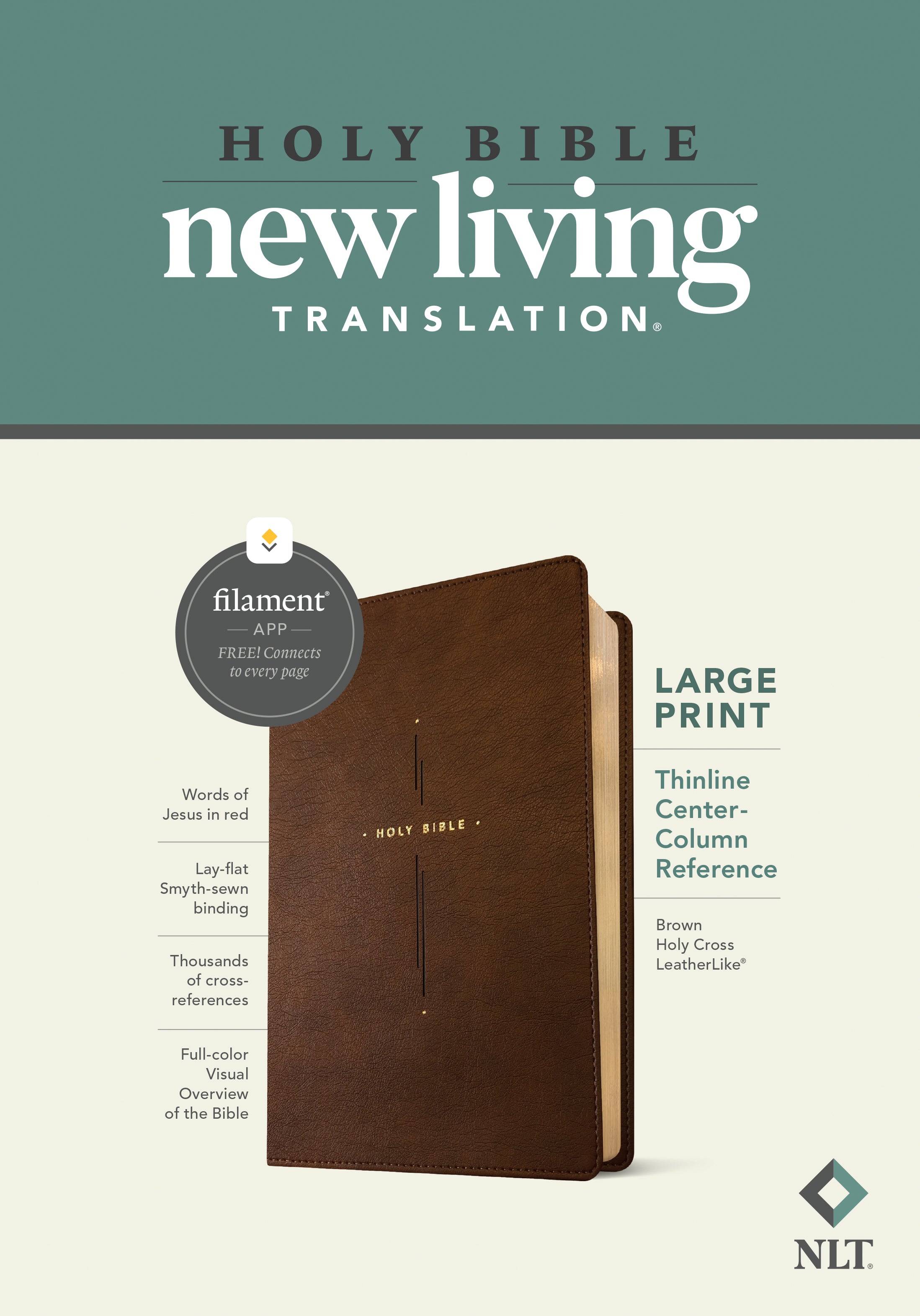 NLT Large Print Thinline Center-Column Reference Bible Brown Holy Cross (Red Letter Edition)