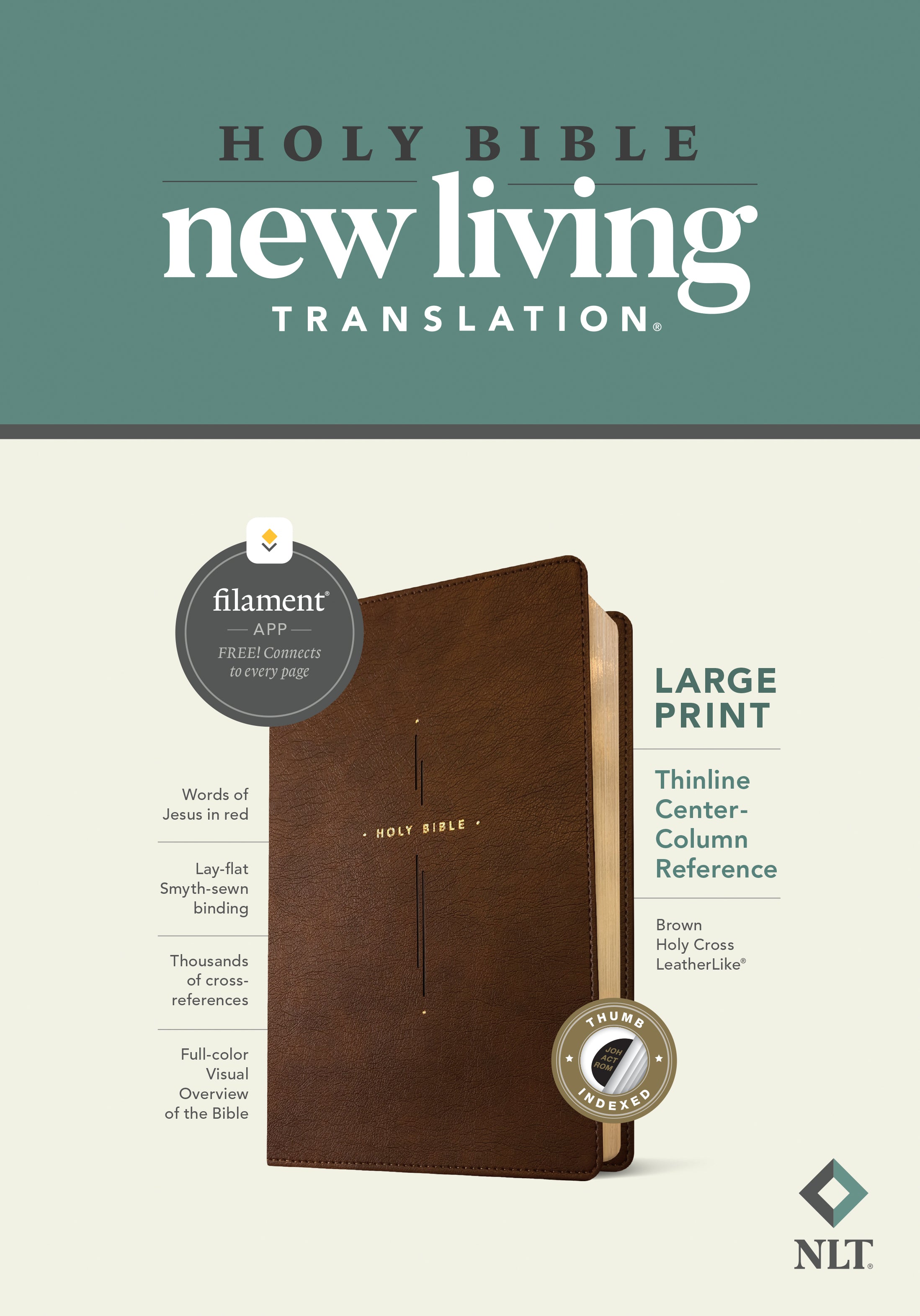 NLT Large Print Thinline Center-Column Reference Bible Brown Holy Cross Indexed (Red Letter Edition)