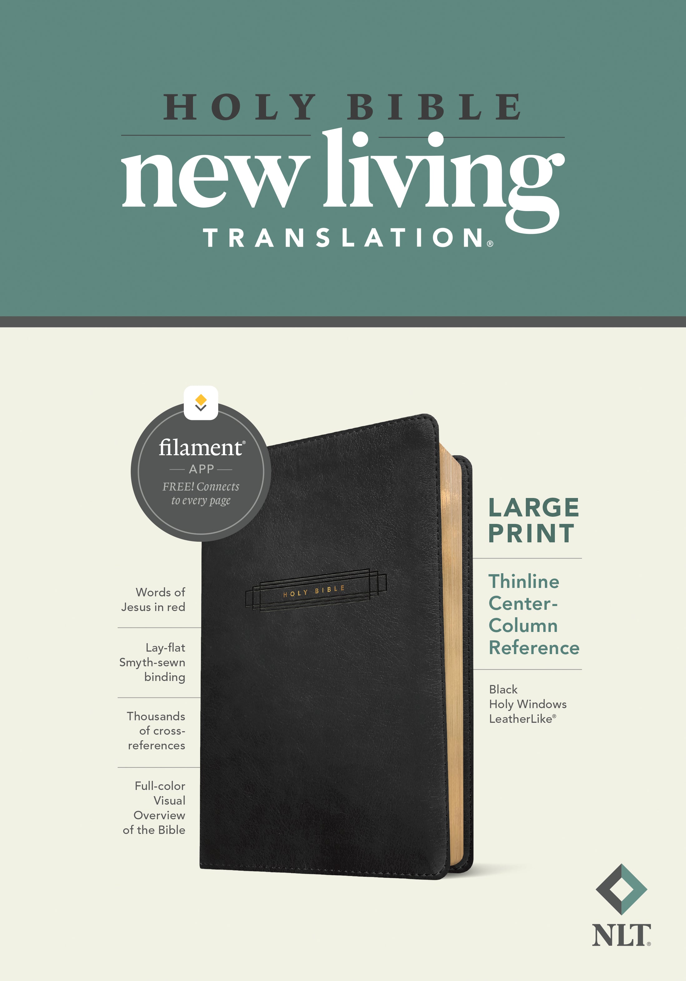 NLT Large Print Thinline Center-Column Reference Bible Black Holy Windows (Red Letter Edition)