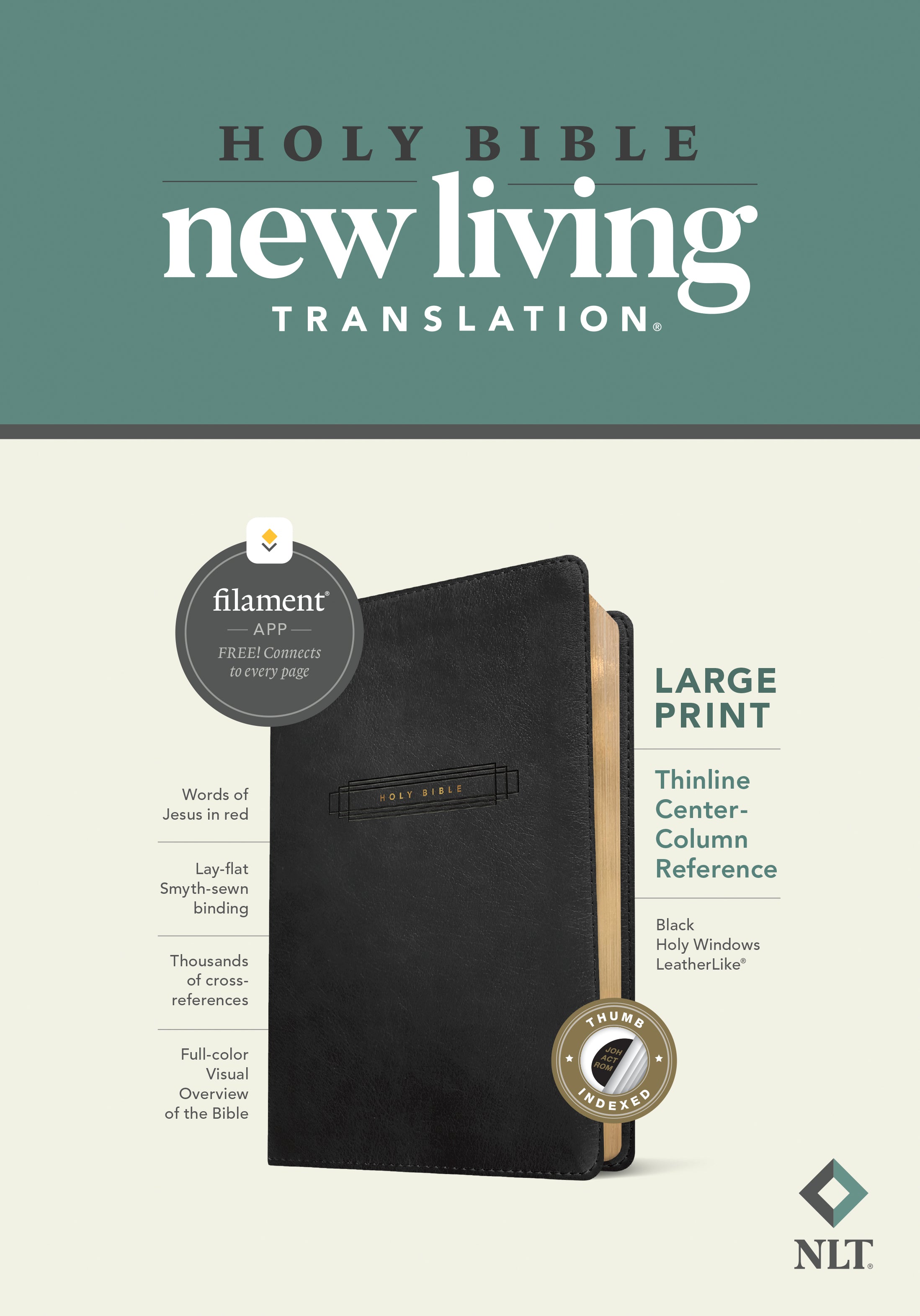 NLT Large Print Thinline Center-Column Reference Bible Black Holy Windows Indexed (Red Letter Edition)