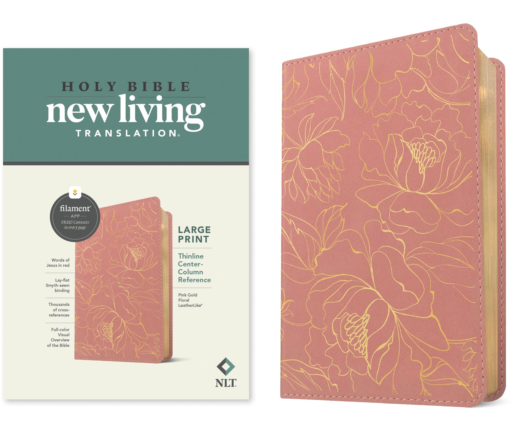 NLT Large Print Thinline Center-Column Reference Bible Pink Gold Floral (Red Letter Edition)