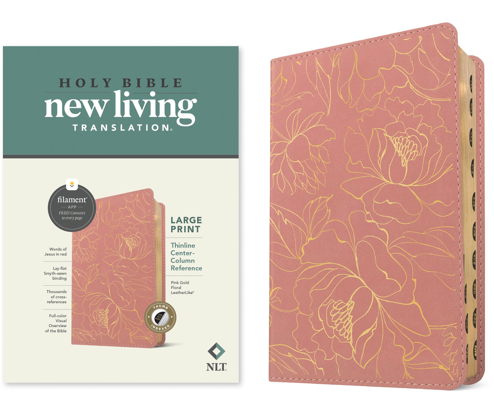 NLT Large Print Thinline Center-Column Reference Bible Pink Gold Floral Indexed (Red Letter Edition)