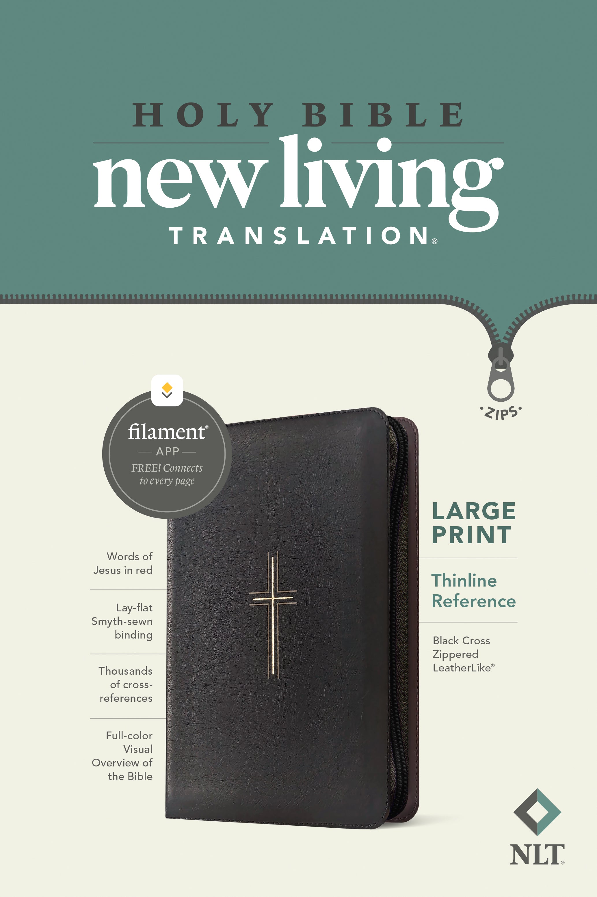 NLT Large Print Thinline Reference Zipper Bible Filament Enabled Black Cross (Red Letter Edition)