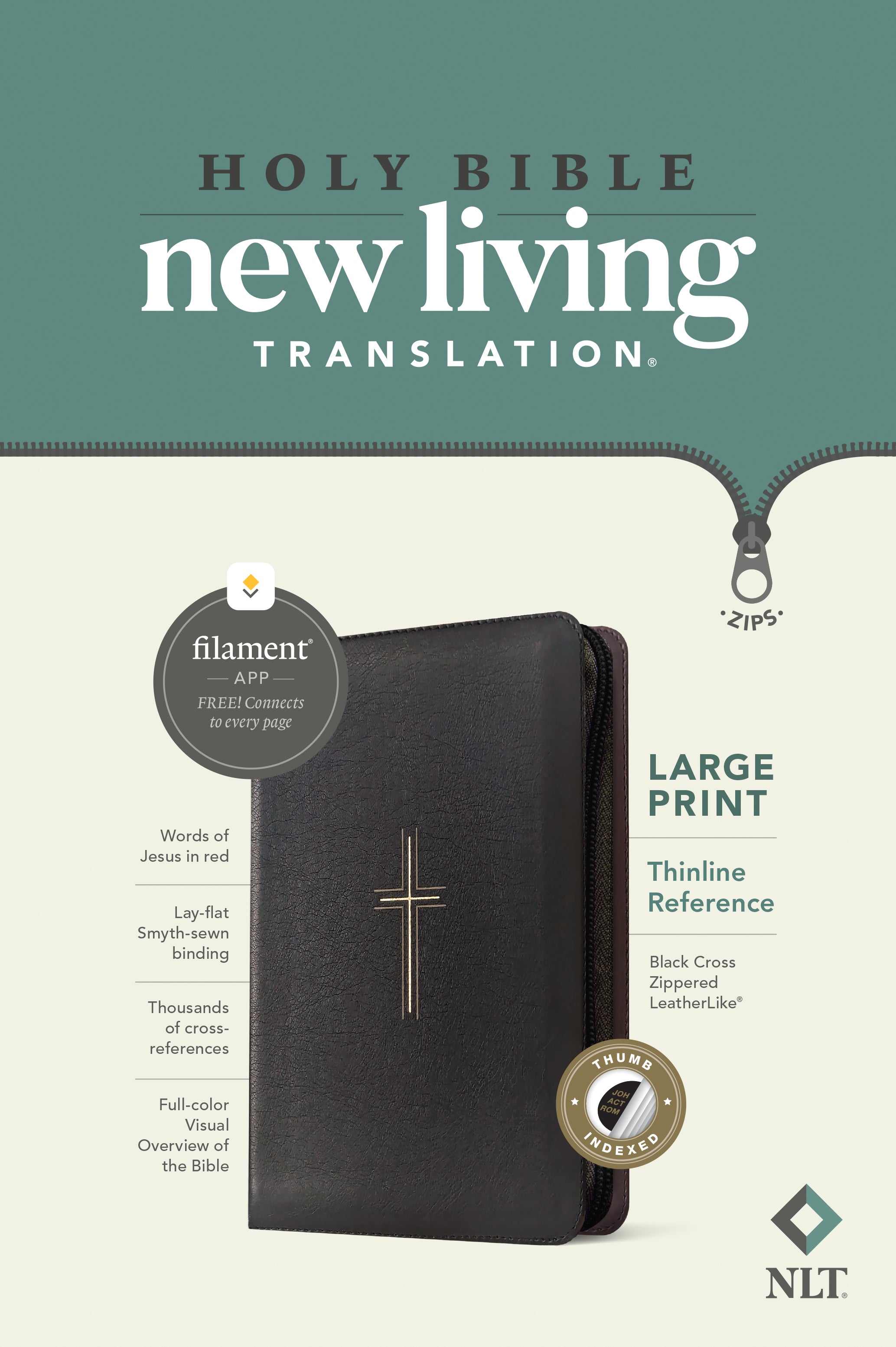NLT Large Print Thinline Reference Zipper Bible Filament Enabled Black Cross Indexed (Red Letter Edition)