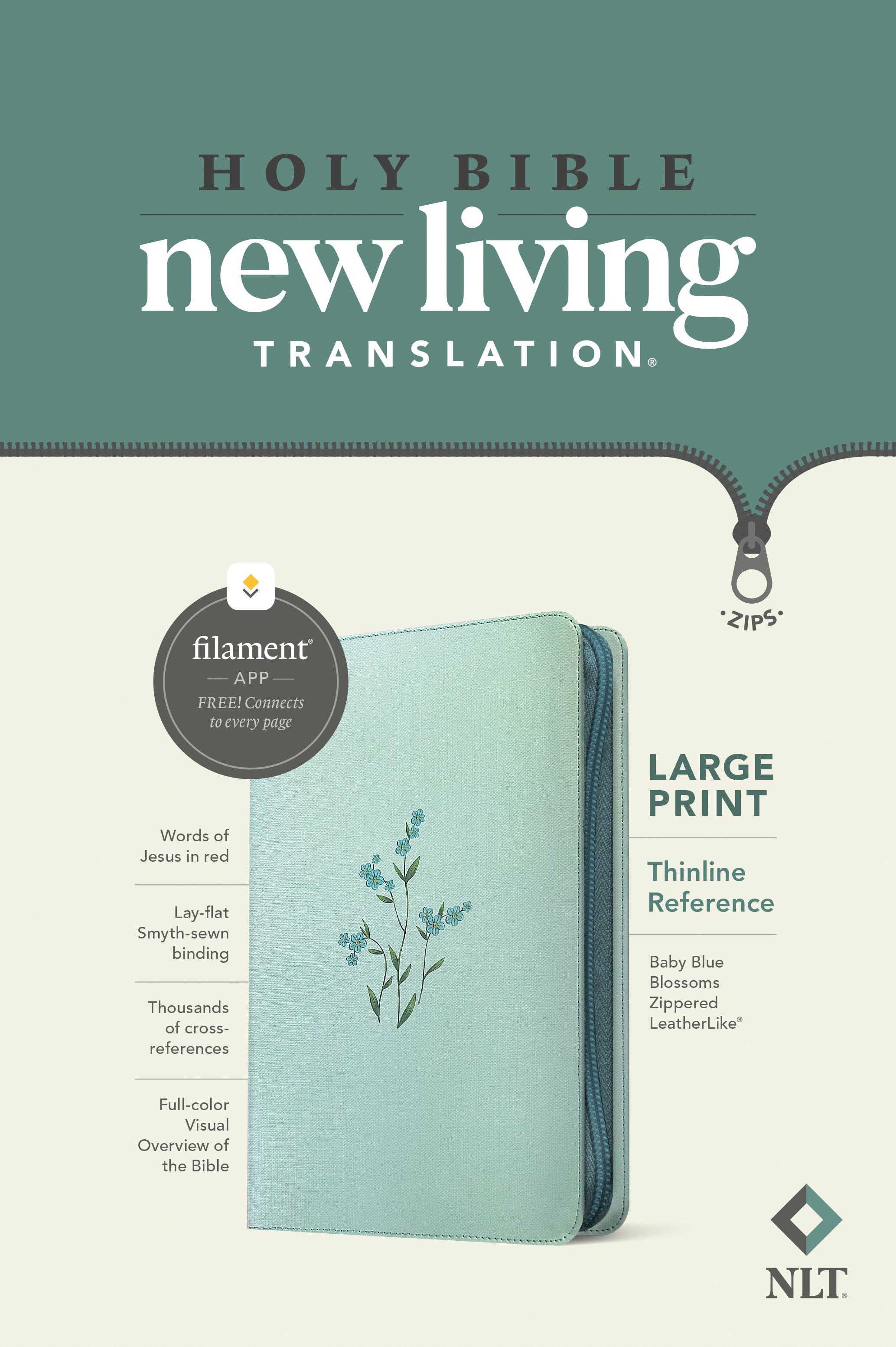 NLT Large Print Thinline Reference Zipper Bible Baby Blue Blossoms (Red Letter Edition)