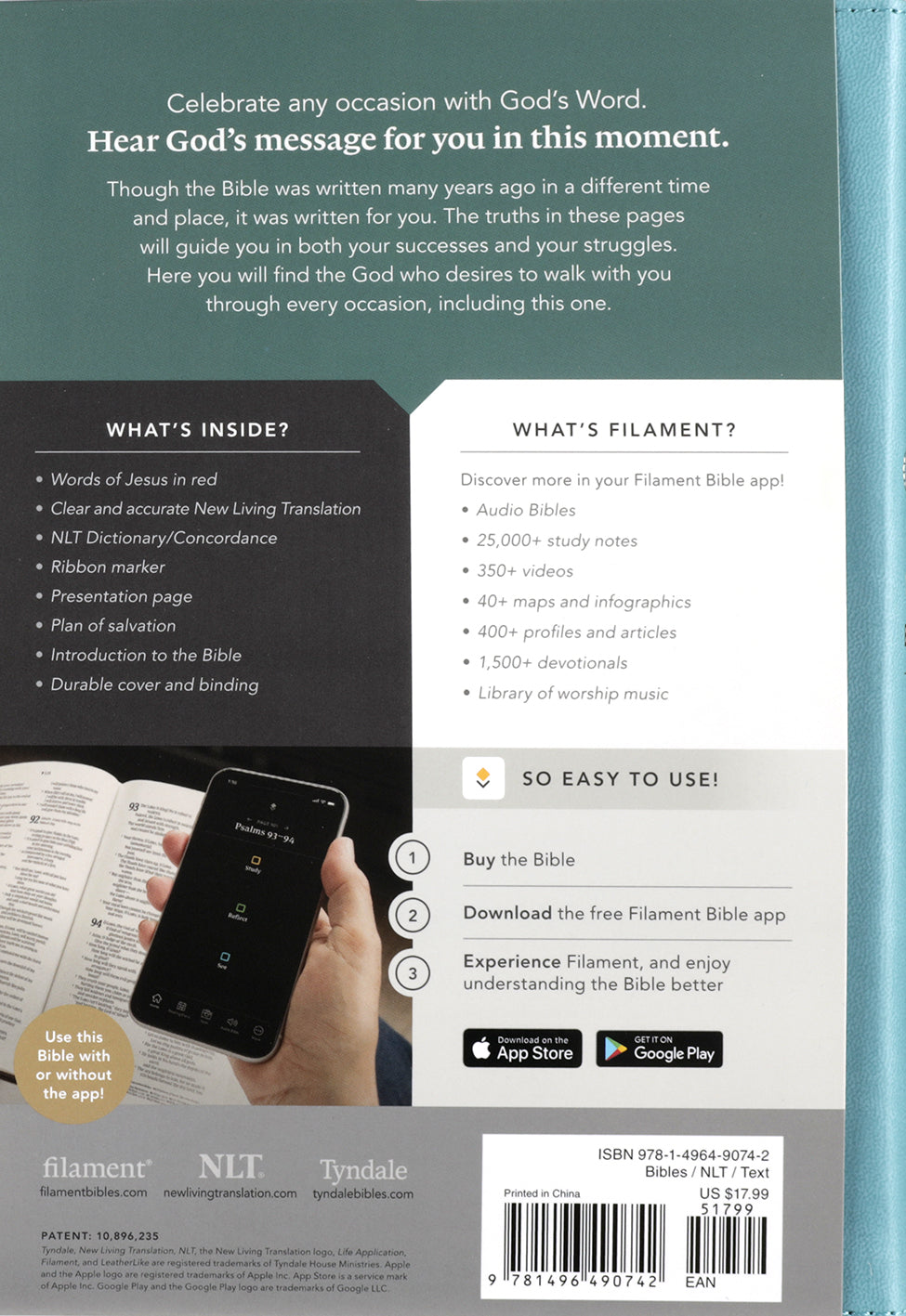 NLT Premium Gift Bible, Filament Enabled, Teal Cross (Red Letter Edition)