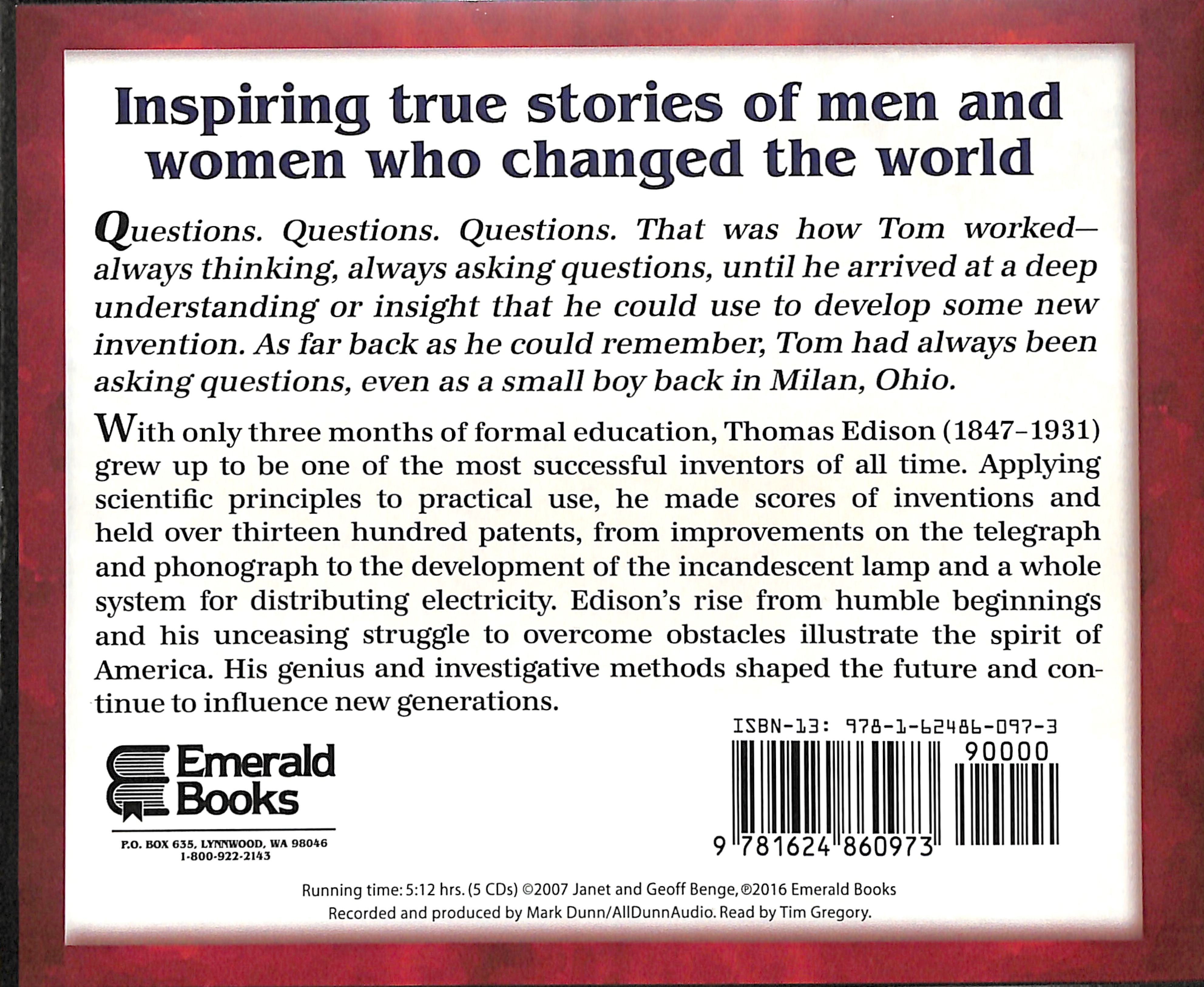 Thomas Edison - Inspiration and Hard Work (Unabridged, 5 CDS) (Heroes Of History Series)