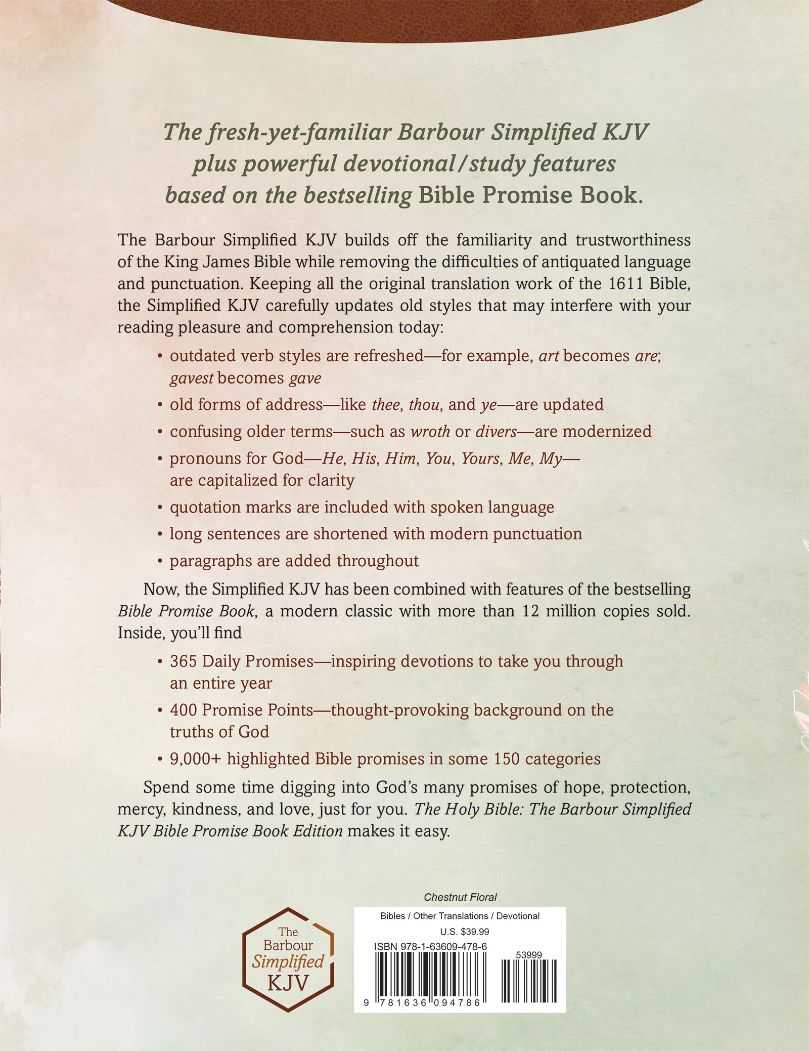 Simplified KJV Bible Promise Book Edition Chestnut Floral
