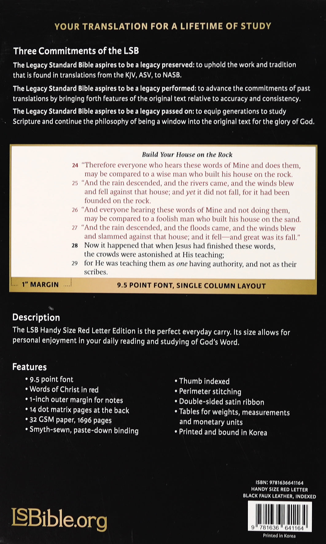 Lsb Legacy Standard Bible Handy Size Black Indexed (Red Letter Edition)