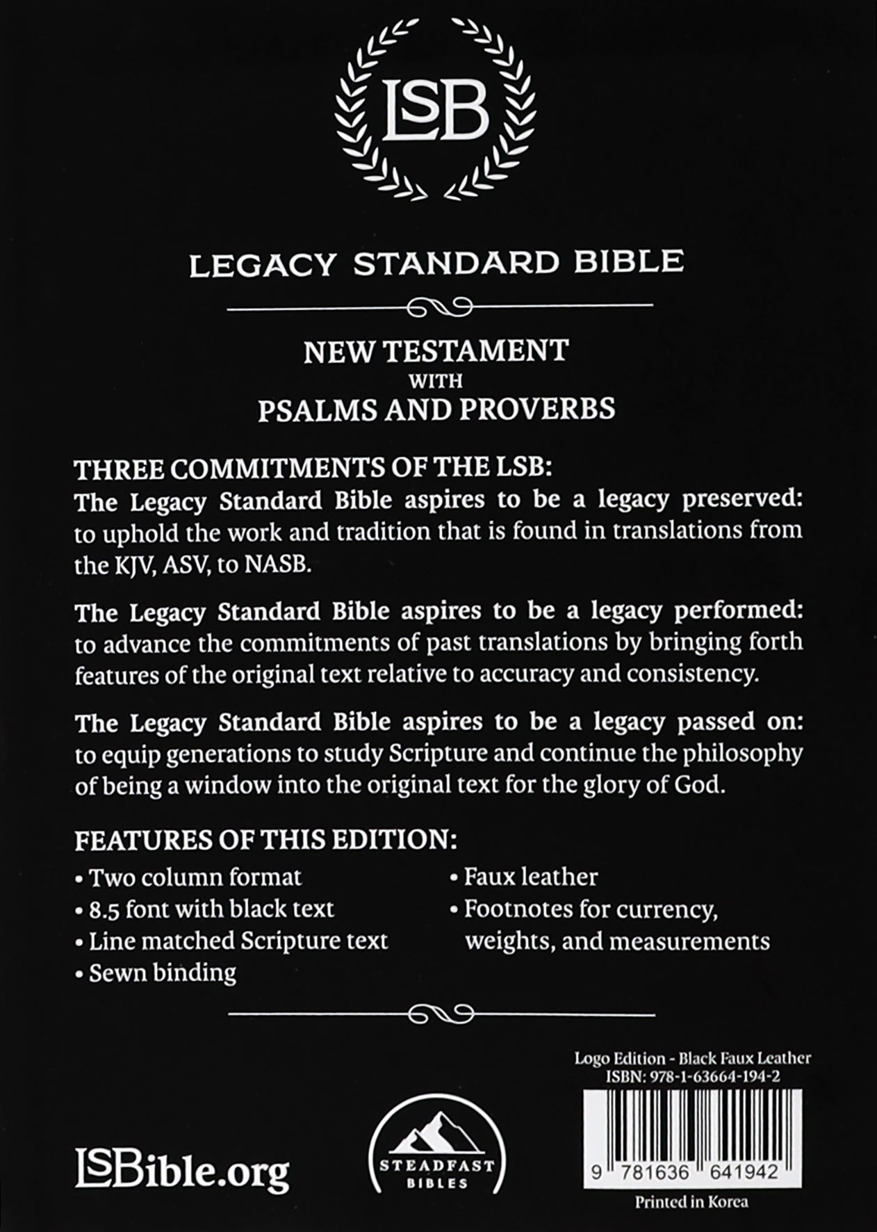 Lsb Legacy Standard Bible New Testament With Psalms and Proverbs Black Logo