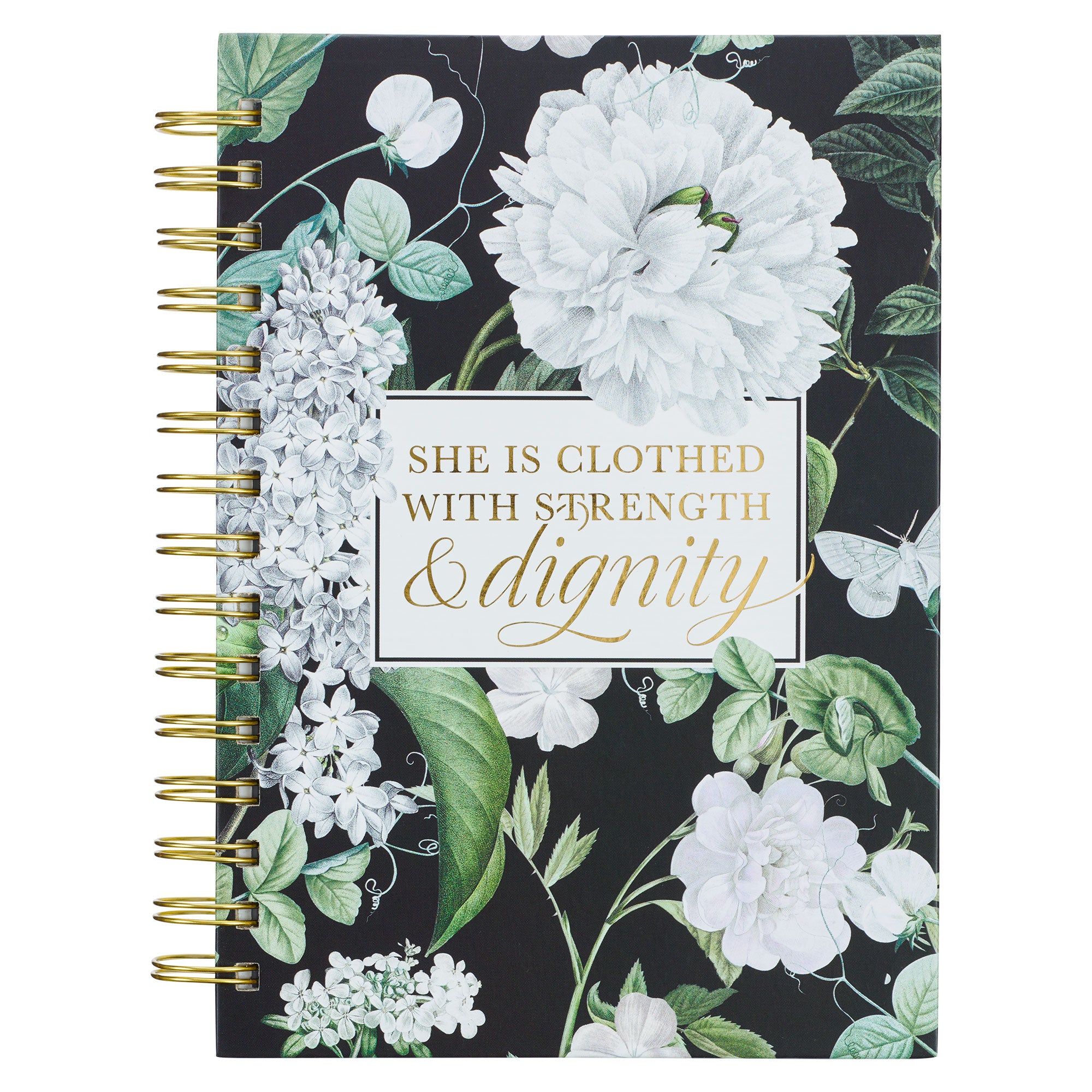 Journal: She is Clothed With Strength & Dignity, Navy/White Floral (Graceful Peonies Series)