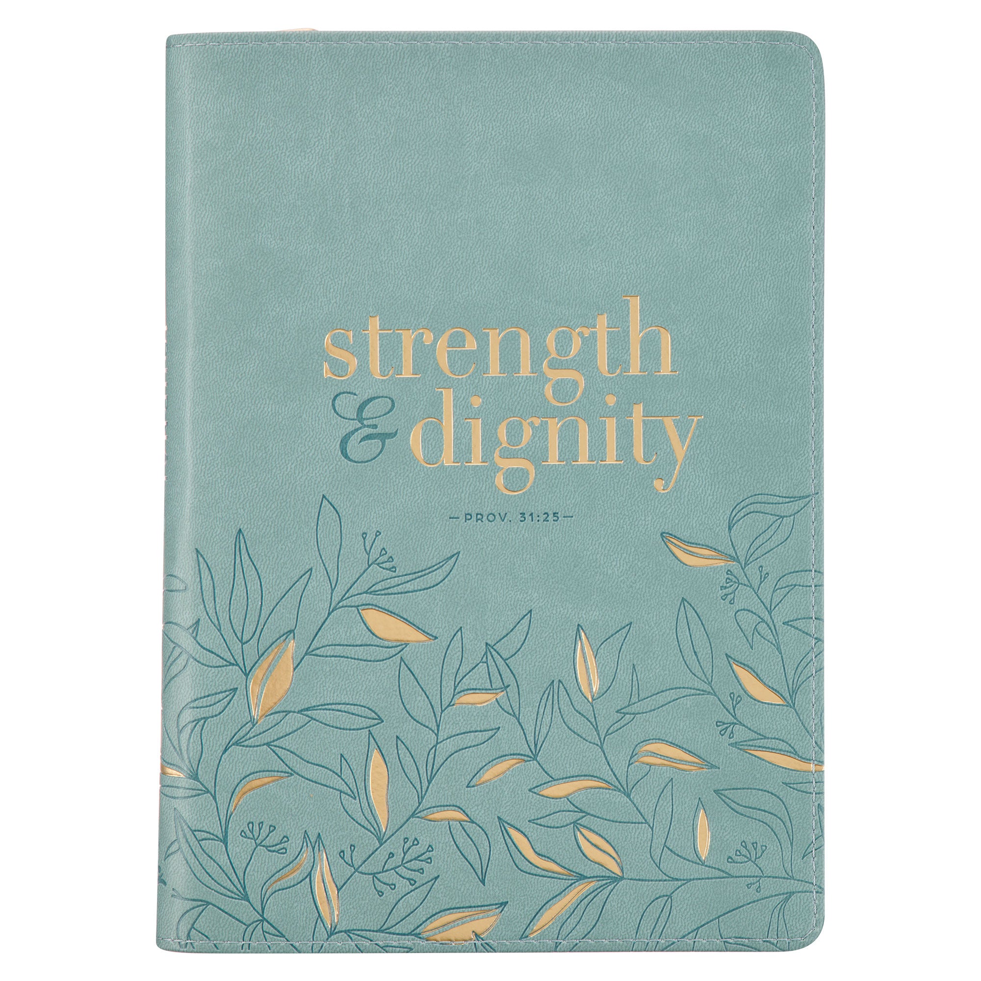 Zippered Journal: Strength & Dignity, Teal/Gold Leaves (Prov 31:25)